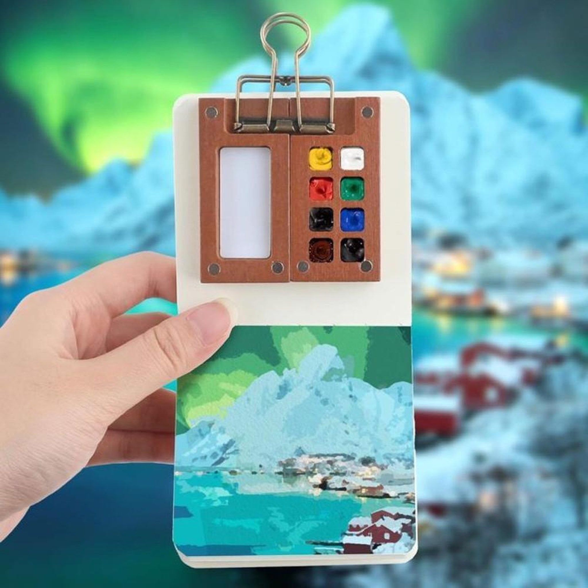 Voir la diapositive 2 : Kit palette portable aquarelle gouache 8 couleurs en bois de noyer avec pinceau à réservoir rechargeable et carnet de croquis 300 g/m²