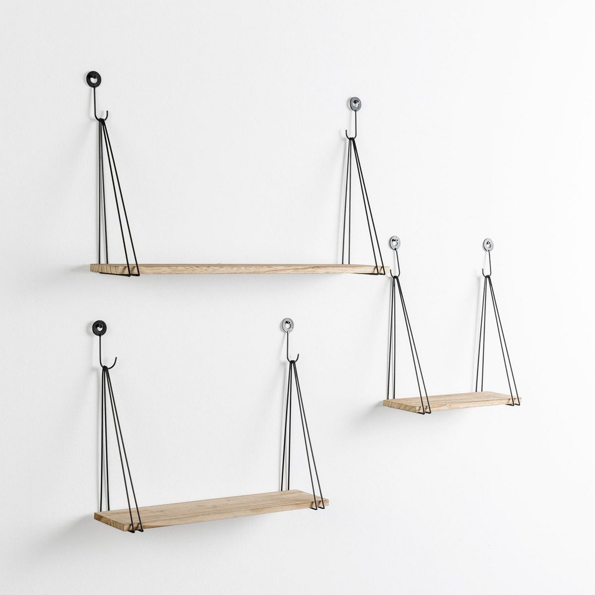 VS VENTA-STOCK Set de 3 étagères murales Airas en métal noir et bois de paulownia
