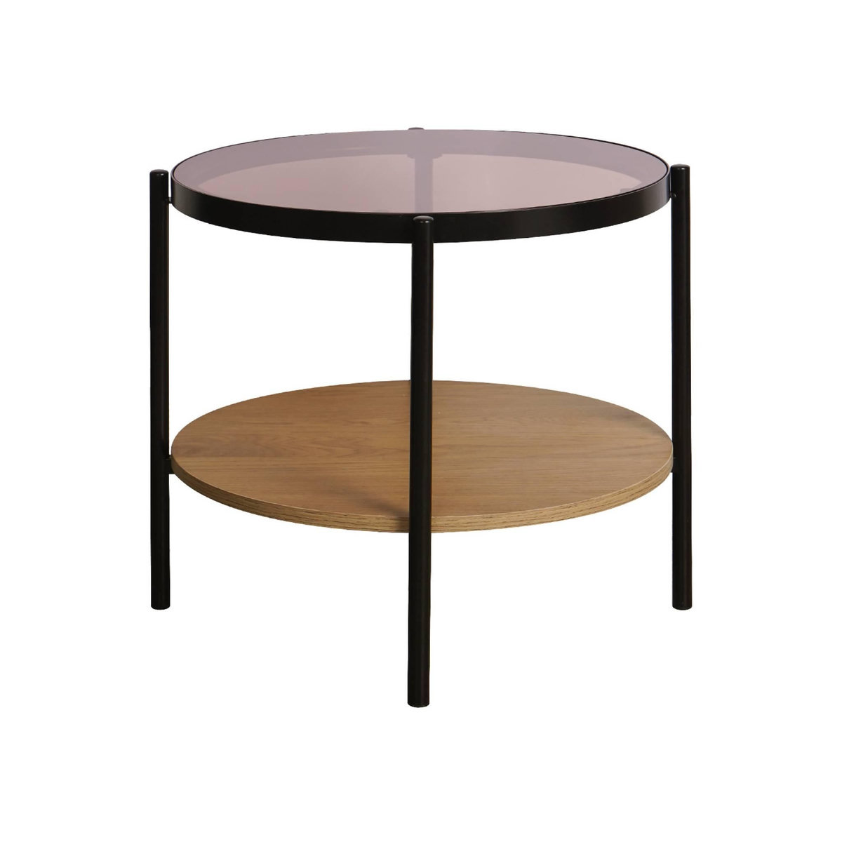 SWEEEK Table basse / d'appoint ronde 52 x 52 cm effet bois et métal noir. 2 plateaux dont un en verre trempé