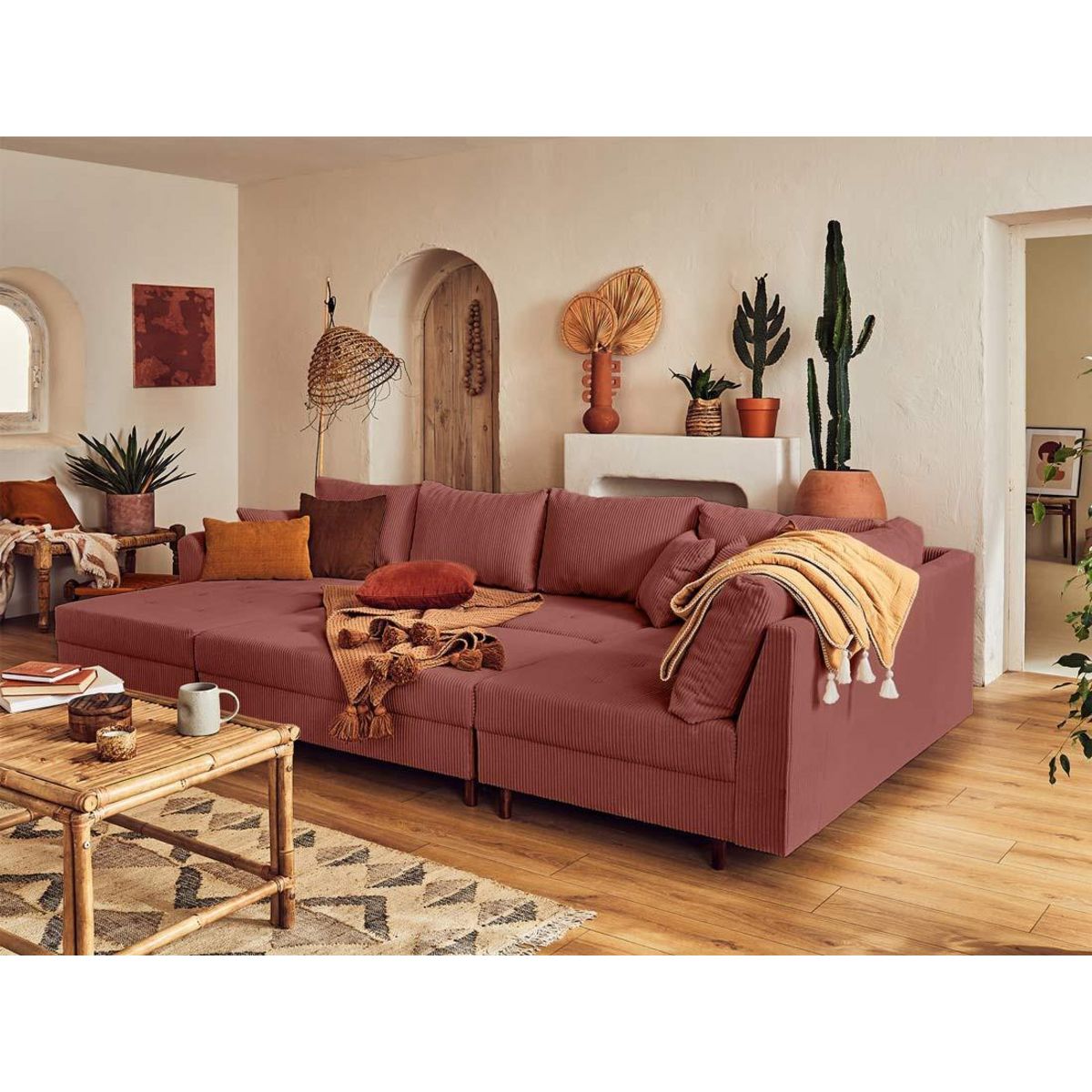 LISA DESIGN Rune - canapé panoramique d'angle droit - 7 places - avec pouf d'appoint - en velours côtelé