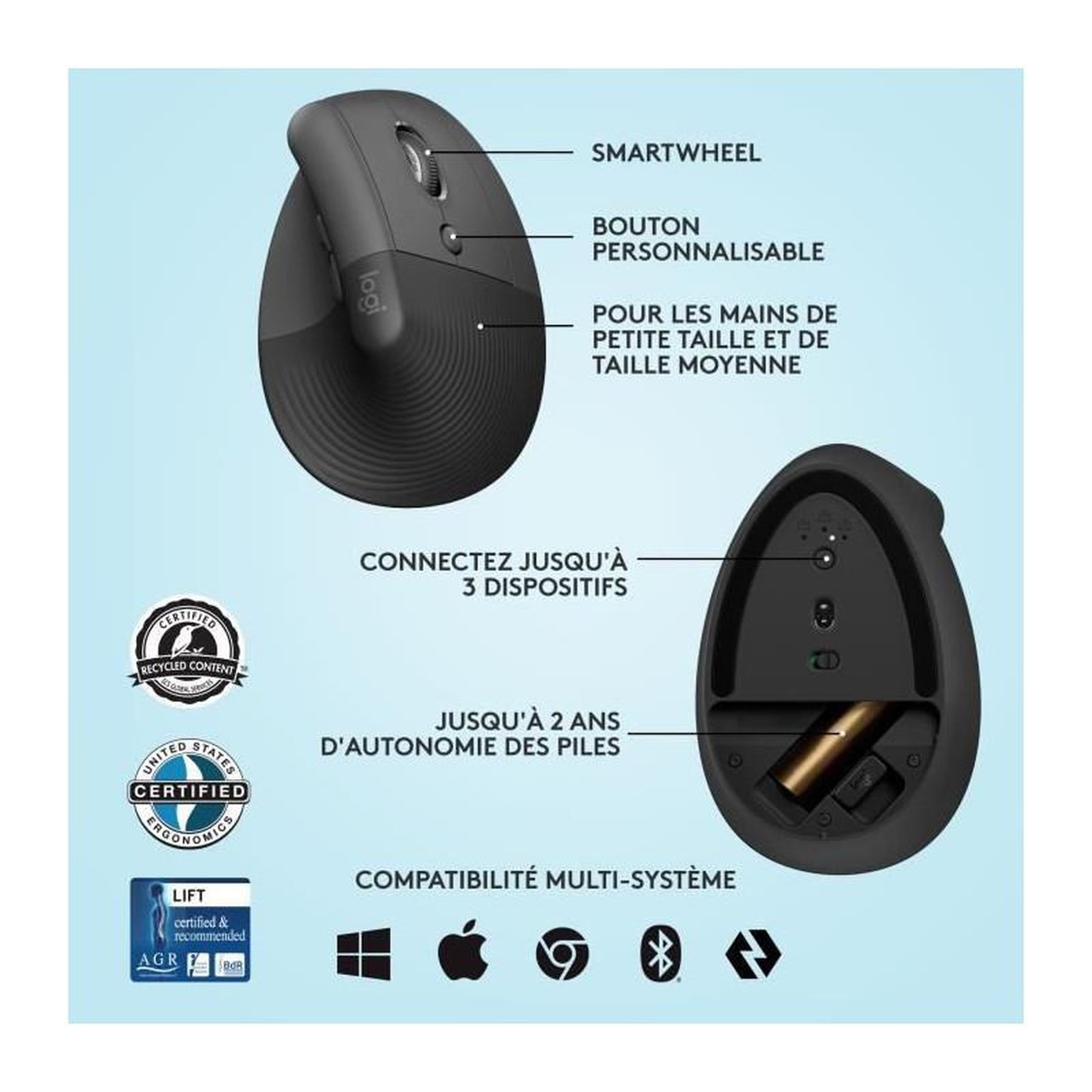 Voir la diapositive 6 : Logitech Souris sans fil Lift Ergonomique Silencieuse Graphite