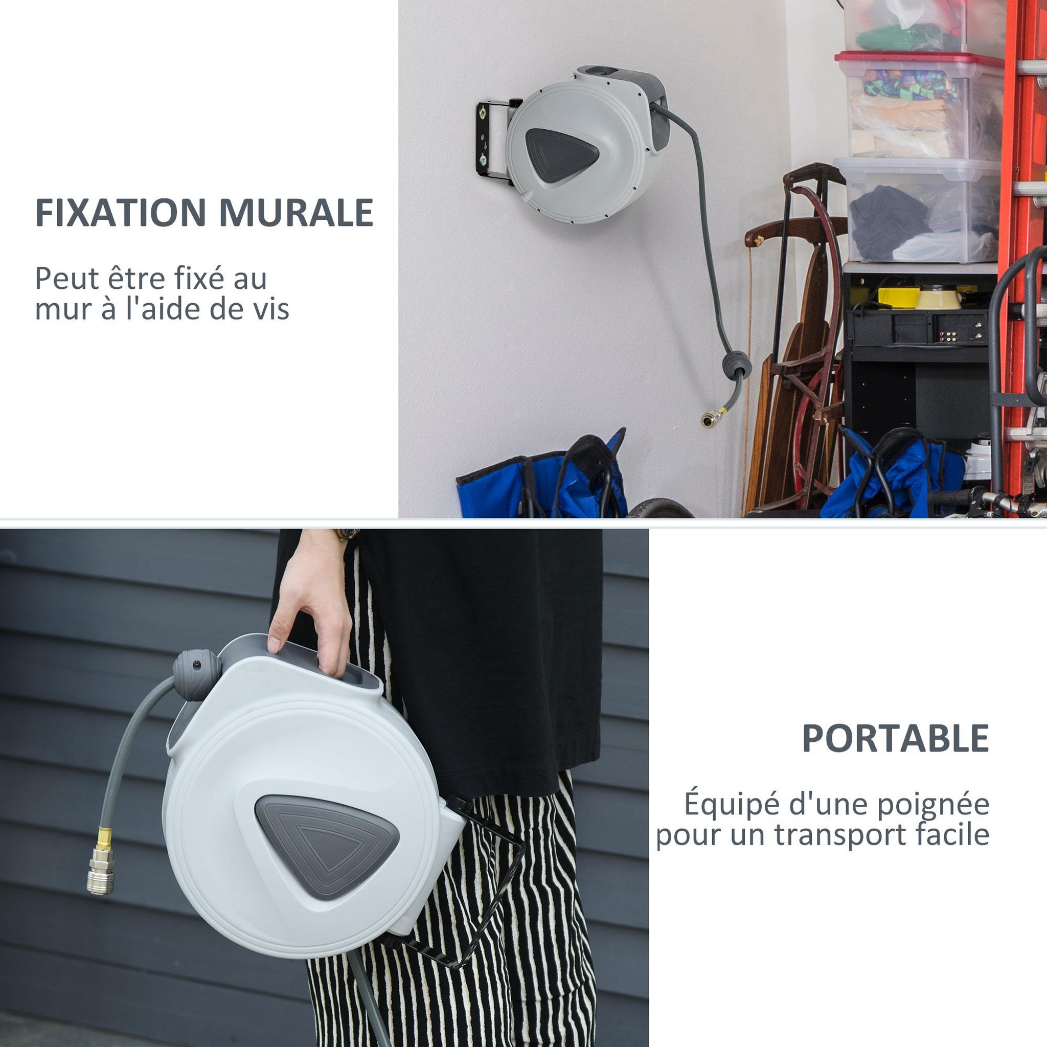 Voir la diapositive 6 : HOMCOM Enrouleur de tuyau à air comprimé - tuyau : 10 m + 0,9 m - Ø intérieur 3/8  (9,5 mm), 1/4  (6,35 mm) BSPT - dévidoir automatique pour tuyau d'air rétractable gris