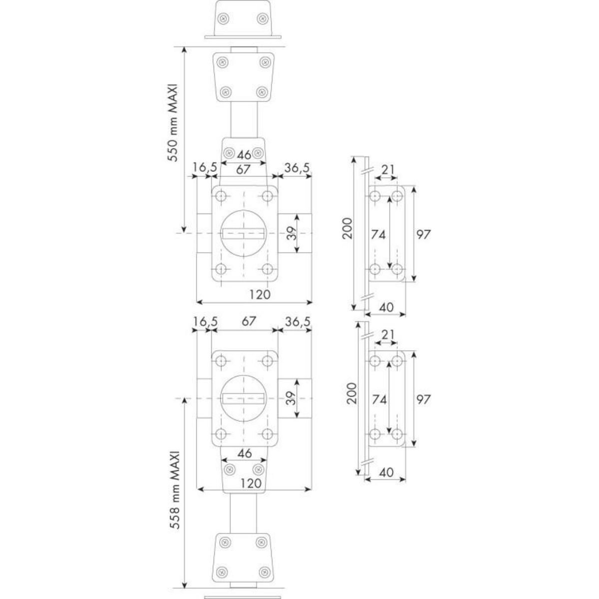 ISEO Verrou 4 points Zenith 1550 haut et bas à bouton cylindre de 45mm droit ISEO 15500451.5