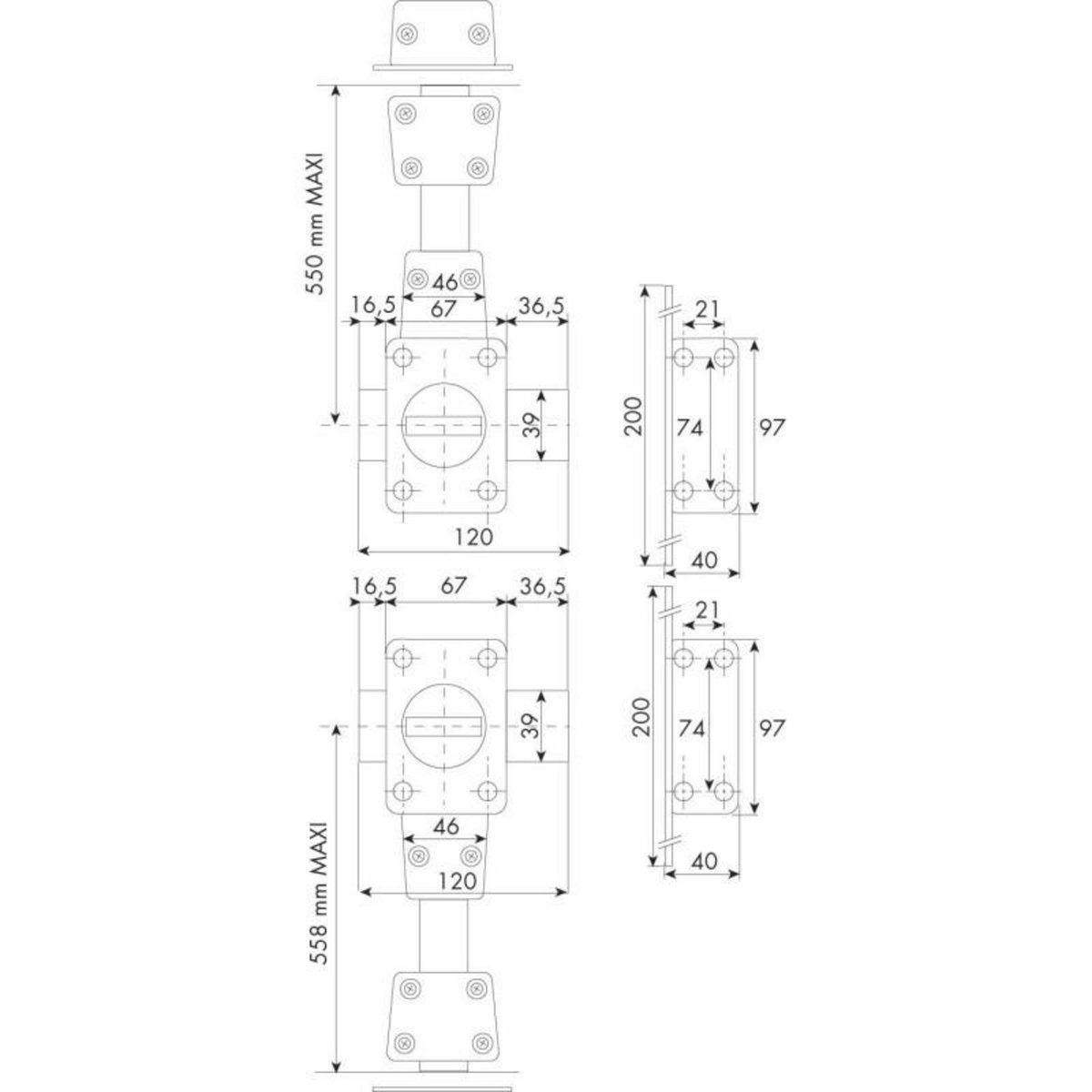 ISEO Verrou 4 points Zenith 1550 haut et bas à bouton cylindre de 45mm droit ISEO 15500451.5