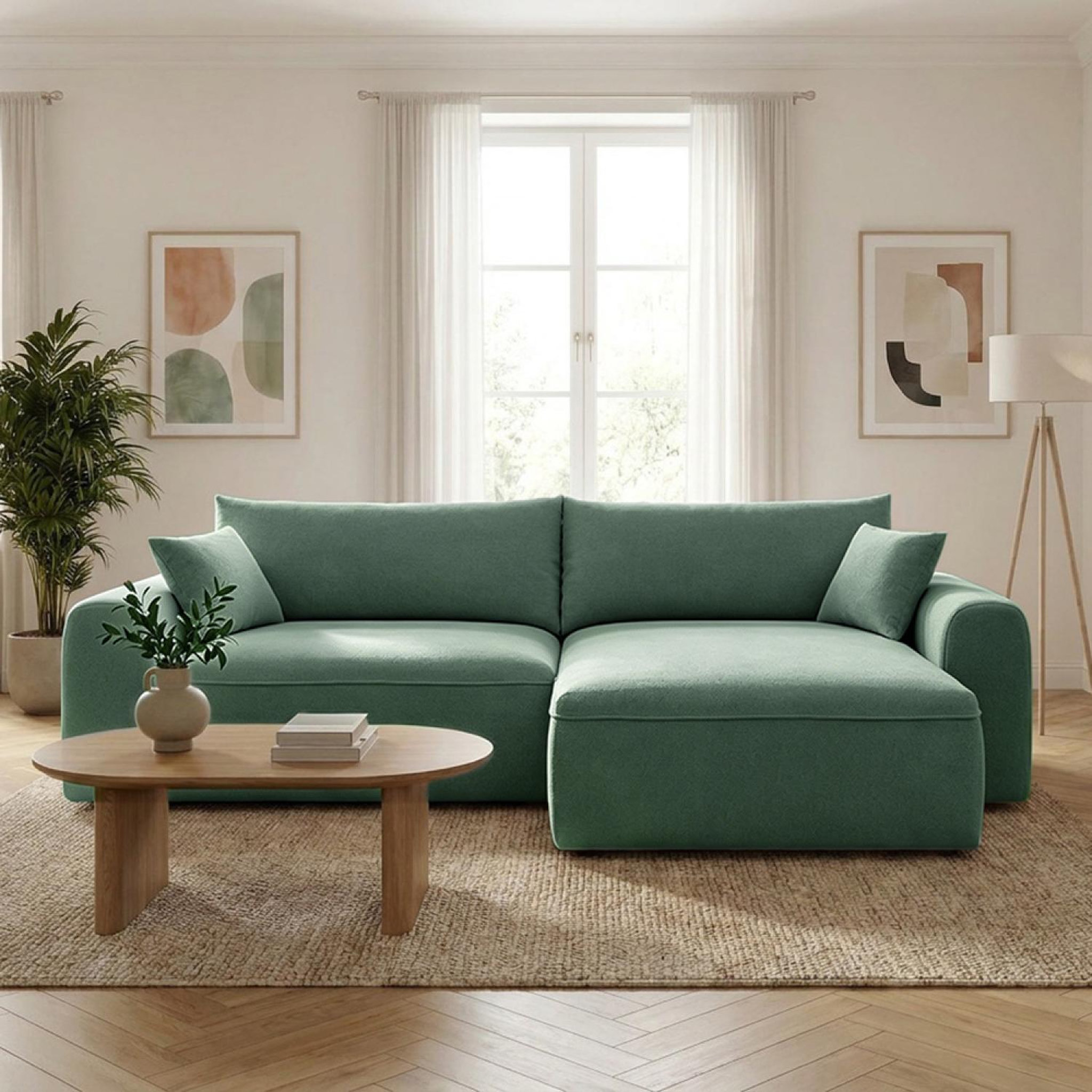 Voir la diapositive 2 : CONCEPT USINE Canapé d'angle convertible 4 places en tissu bouclé avec coffre de rangement belair