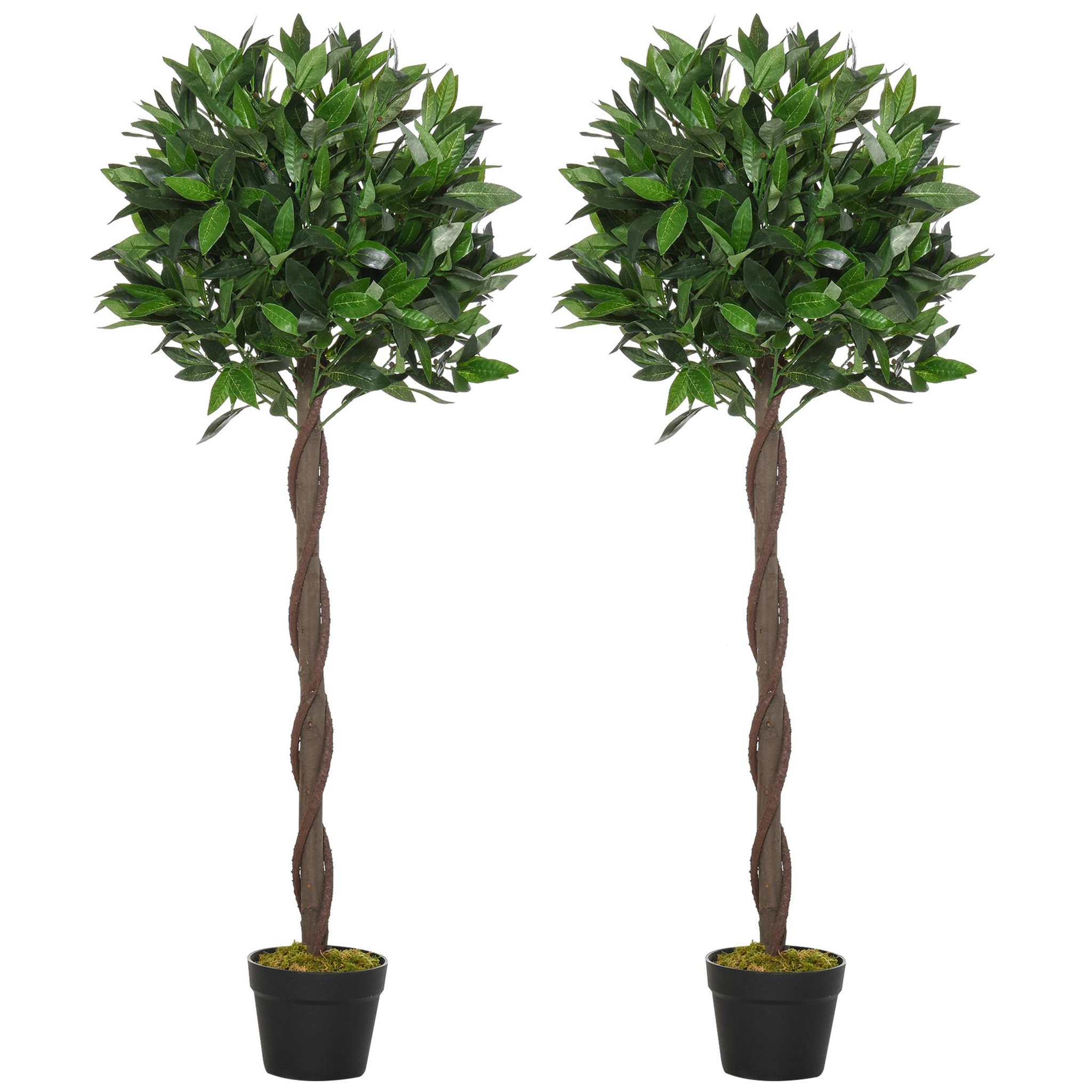 OUTSUNNY Lauriers artificiels topiaires 1,20H m - lot de 2 lauriers boules artificiels - 741 feuilles réalistes par pied - tronc liane - pot inclus noir vert
