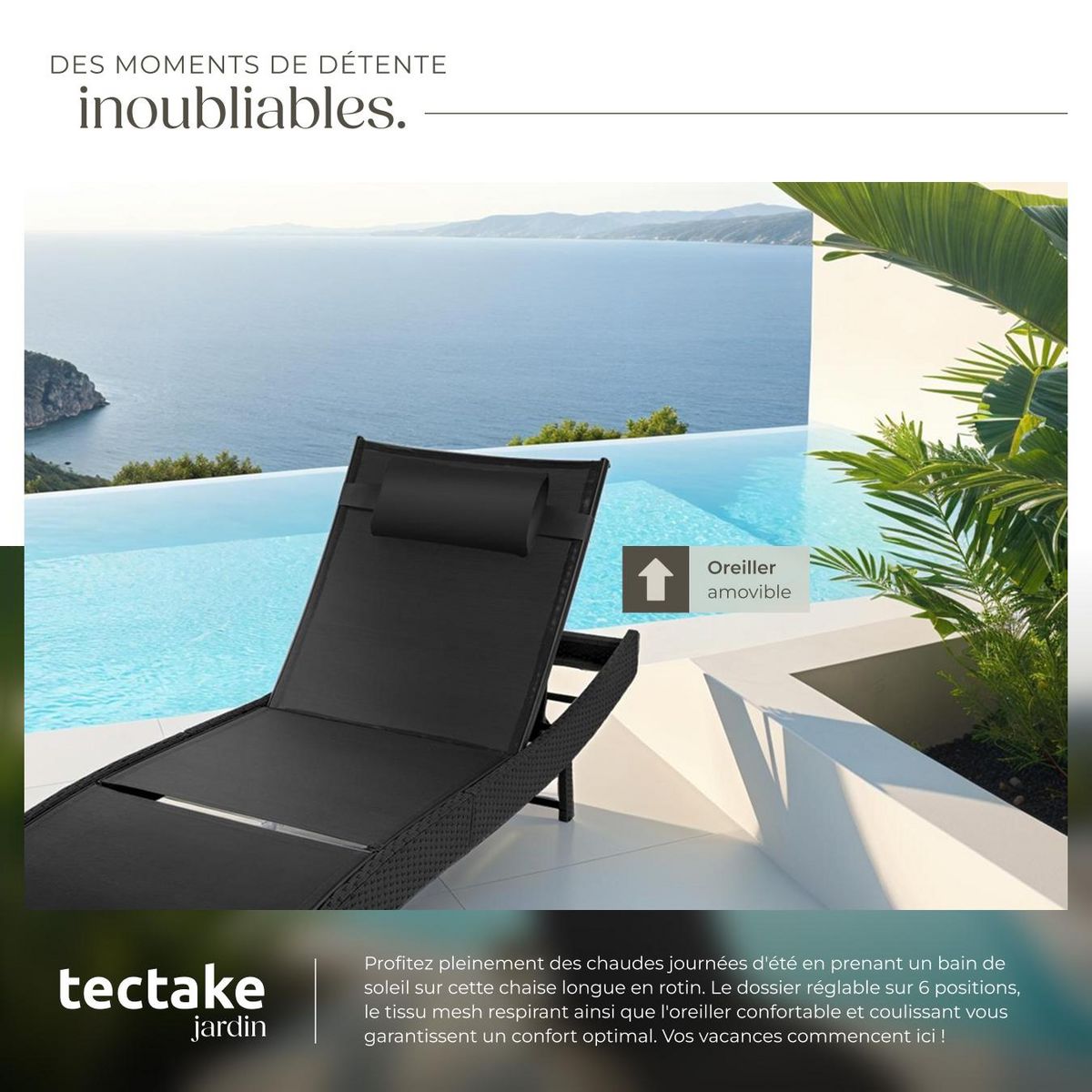 tectake Bain de soleil en rotin résistant et anti-UV noir