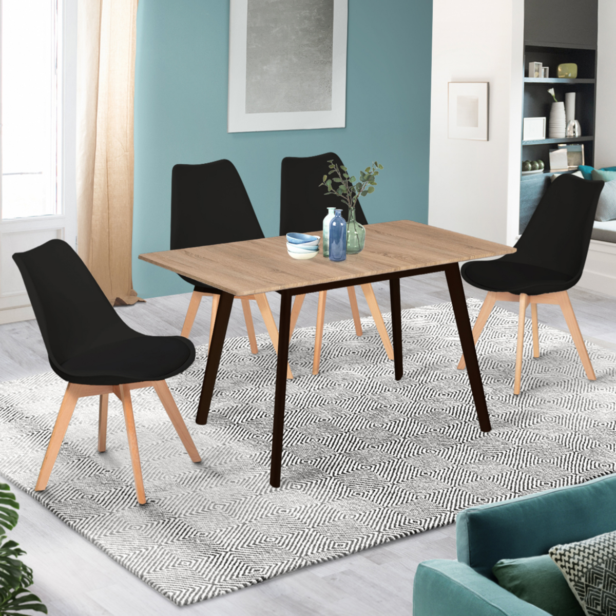 ID MARKET Table scandinave extensible rectangle INGA 4-8 personnes plateau bois pieds noirs 120-160 cm