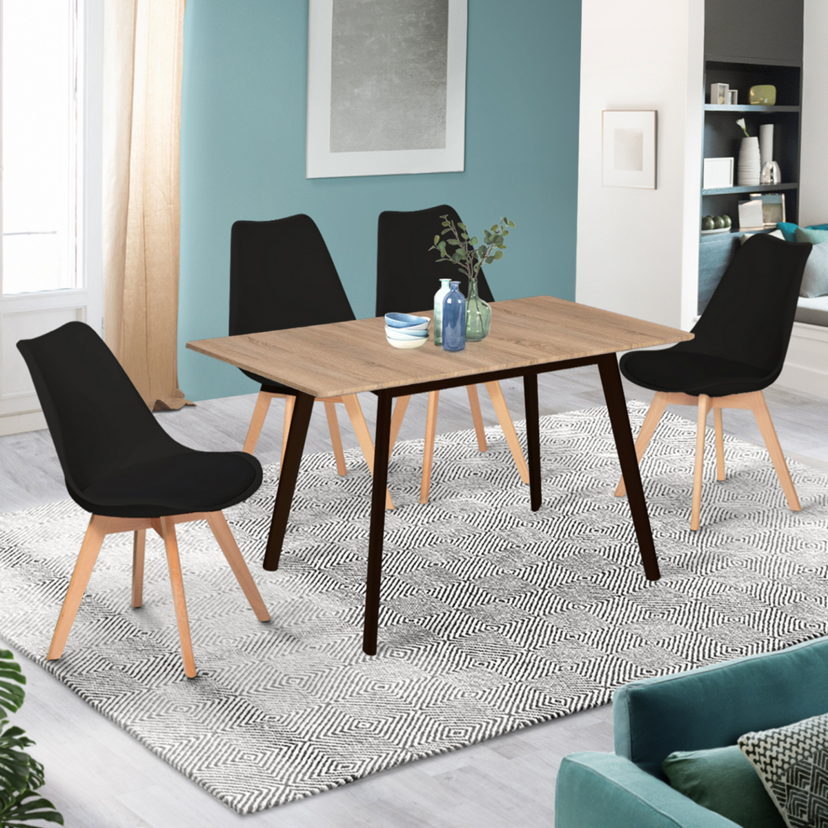 ID MARKET Table scandinave extensible rectangle INGA 4-8 personnes plateau bois pieds noirs 120-160 cm
