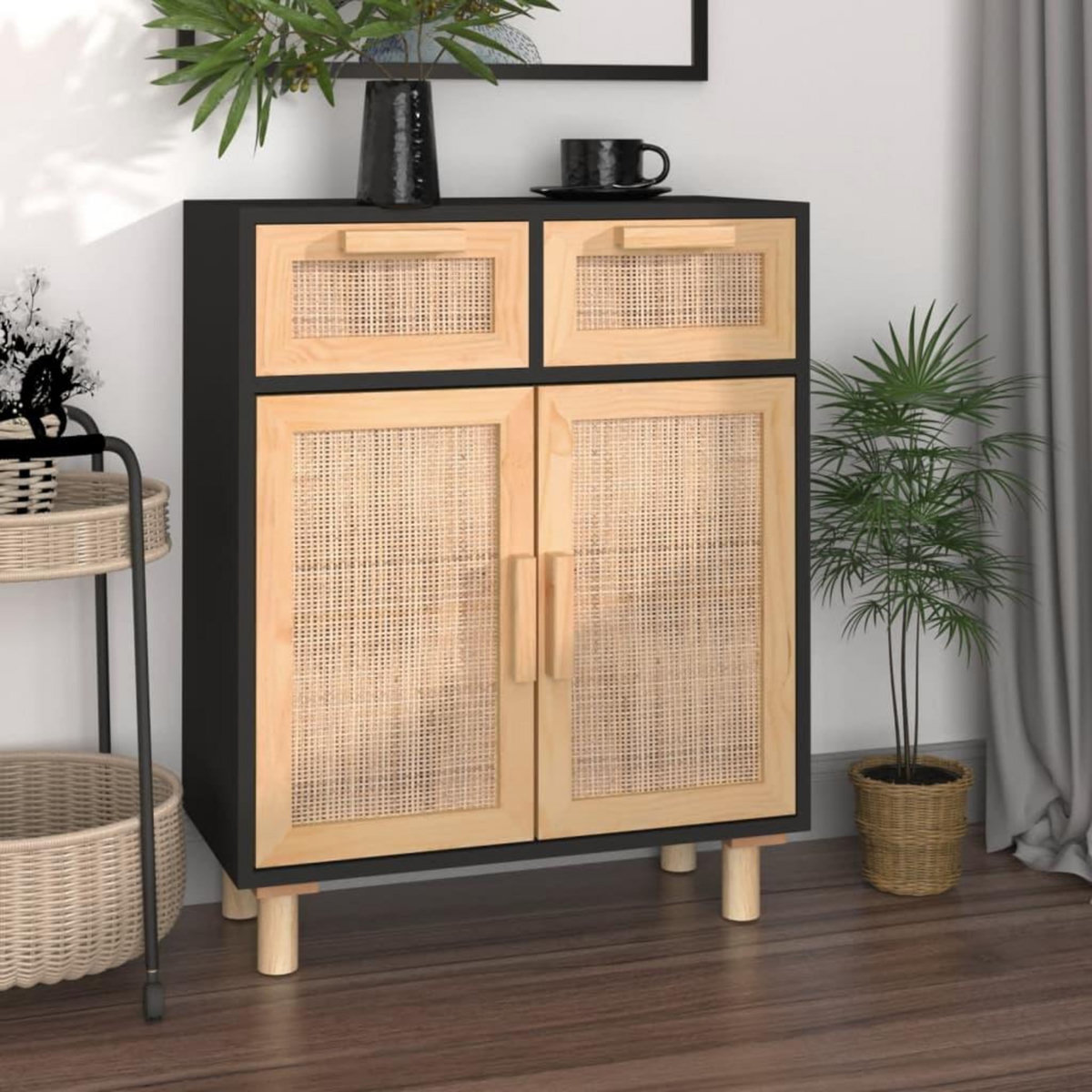 VIDAXL Buffet Noir 60x30x75 cm Bois de pin massif et rotin naturel