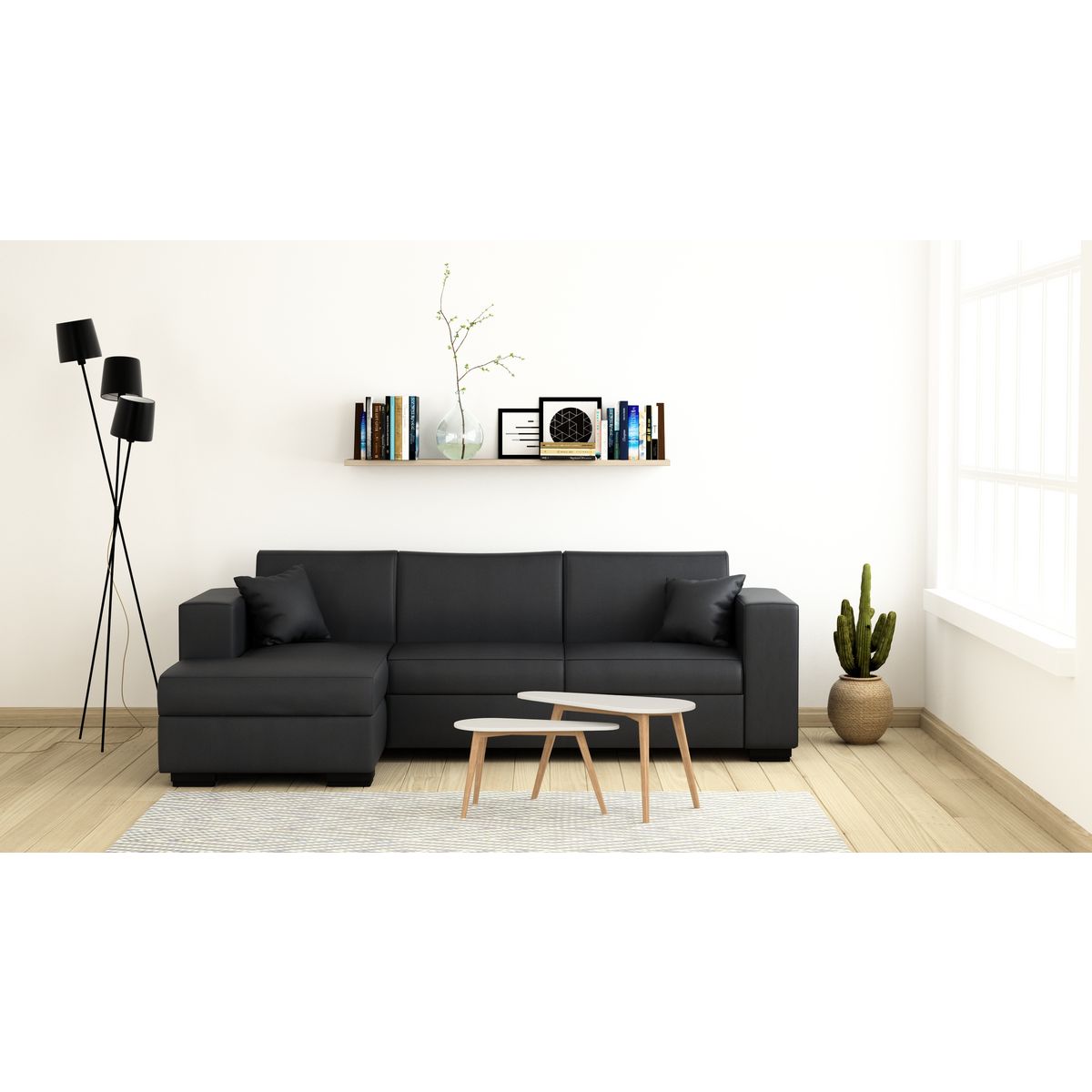 Canapé d'angle gauche convertible 4 places avec coffre  de rangement revêtement tissu PU CARIBEA 