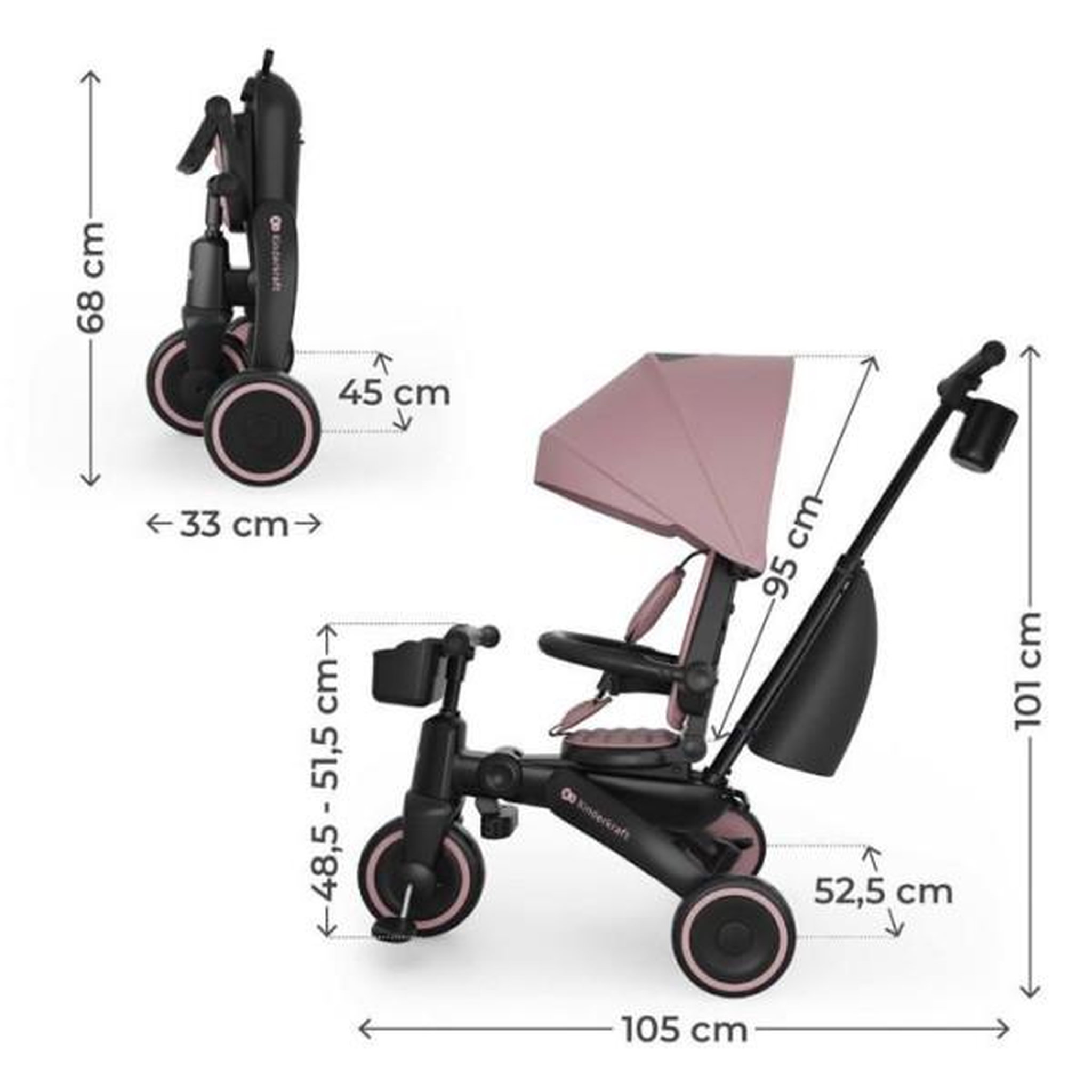 Voir la diapositive 6 : KINDERKRAFT Tricycle Kinderkraft JAZZ 3 pliable évolutif 6 modes siege pivotant inclinable canopy UPF50+ frein double roues Rose