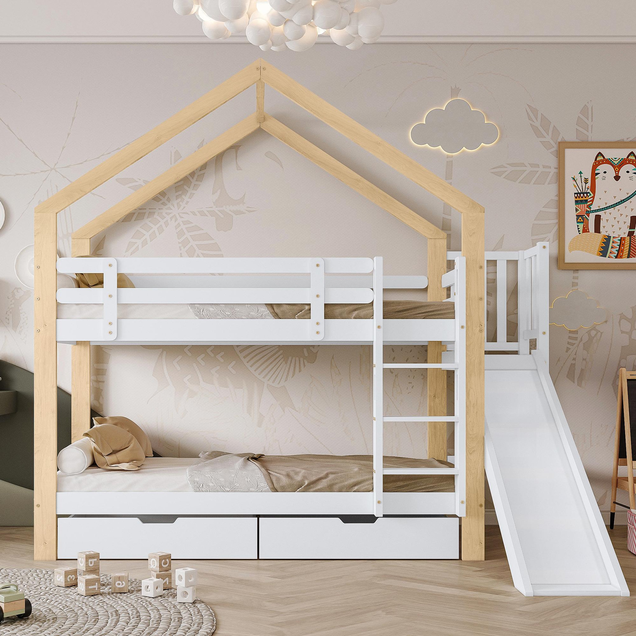 Voir la diapositive 2 : MERAX Lit superposé 90x200cm bois et mdf coloris blanc+naturel