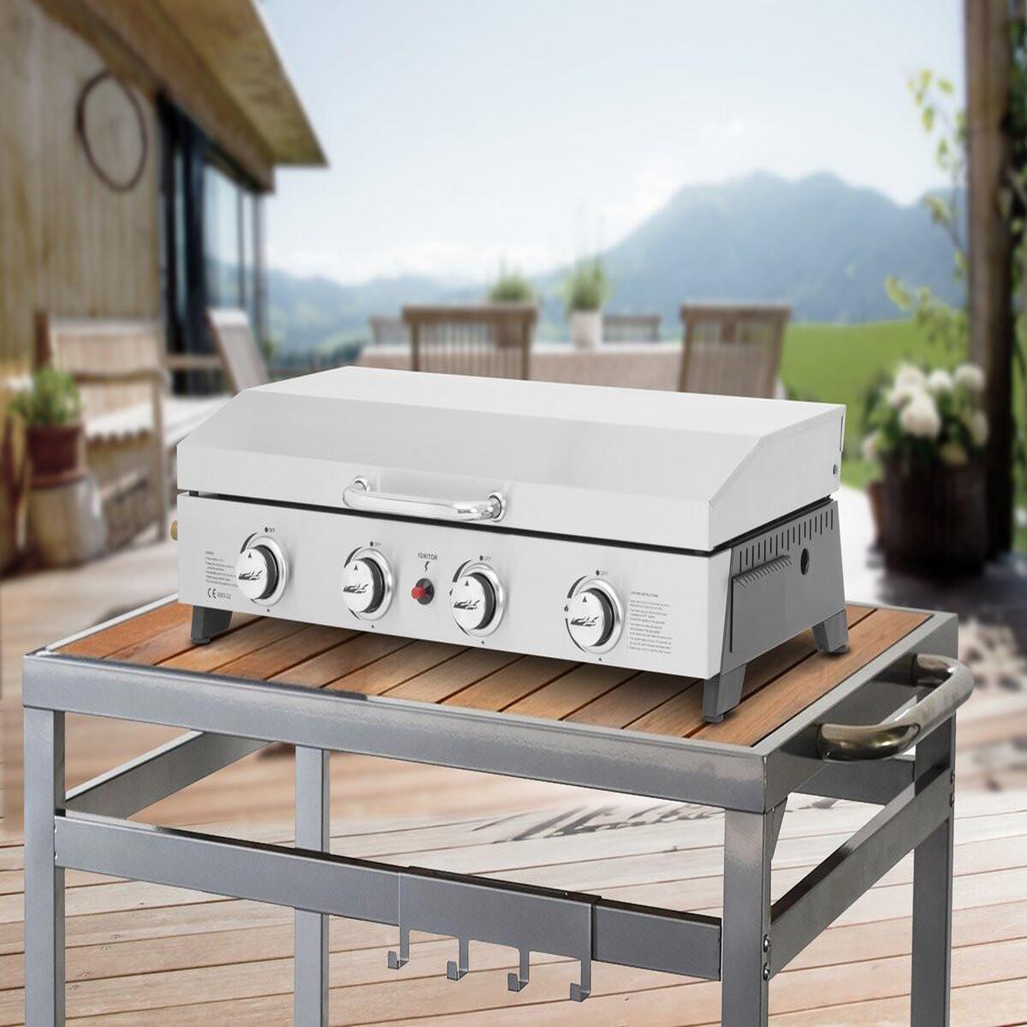 Voir la diapositive 2 : Habitat et Jardin Plancha à gaz en inox avec 4 bruleurs et couvercle  Fasto  - 10 kw - Gris