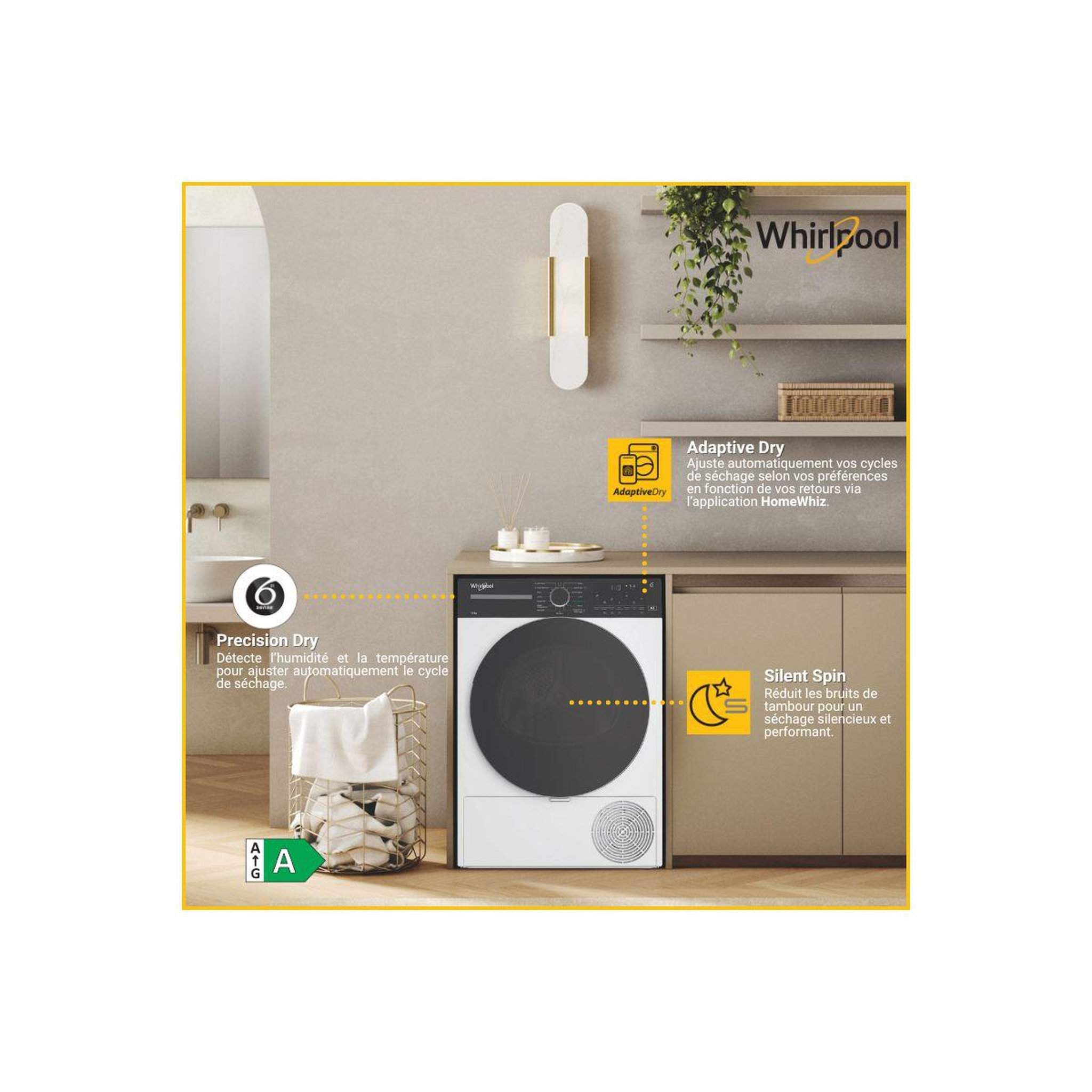 Voir la diapositive 2 : Whirlpool Sèche linge pompe à chaleur CWD86MWBRFR 8kg - Soin quotidien & Ultra-silencieux & Basse consommation