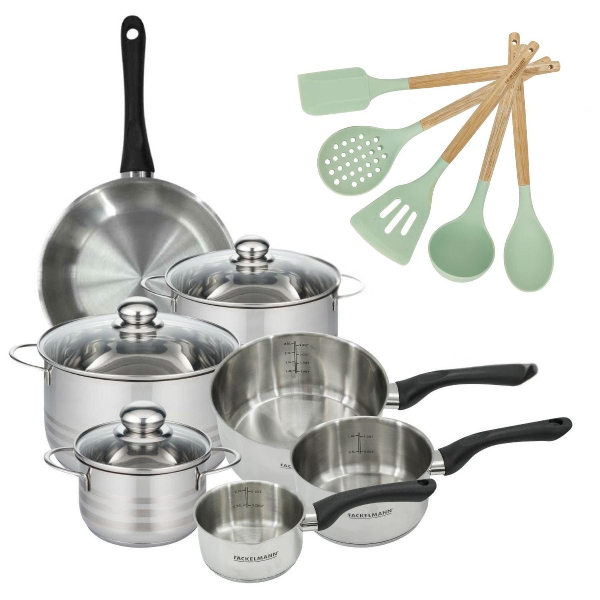 Fackelmann Batterie de cuisine avec 3 faitouts 16/20/24 cm et 3 casseroles 12/16/20 cm avec 1 poêle et 5 ustensiles de cuisine fackelmann généva brillant ocean