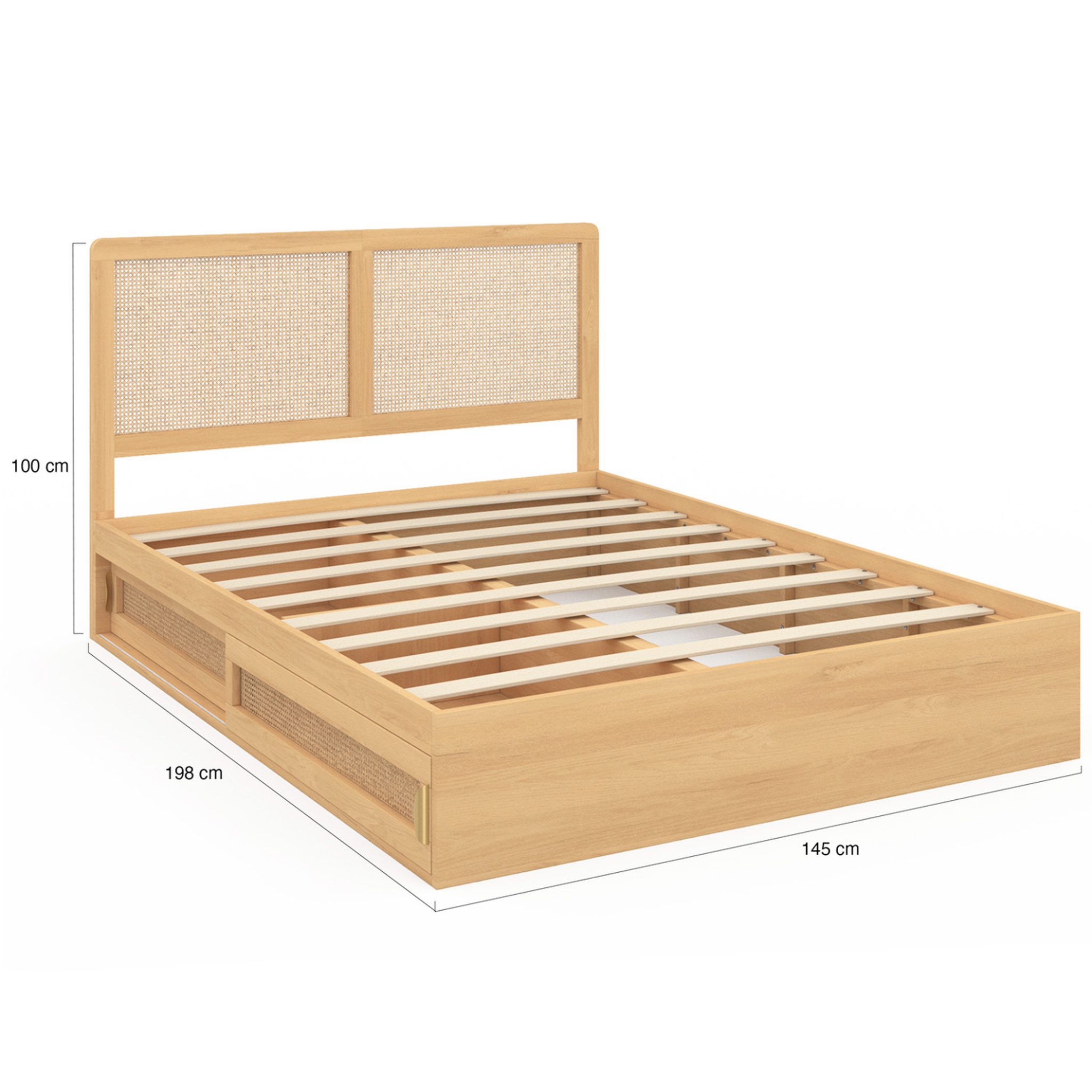 Voir la diapositive 4 : ID MARKET Lit double edhen avec rangements + tête de lit effet cannage naturel et sommier 140 x 190 cm coloris bois