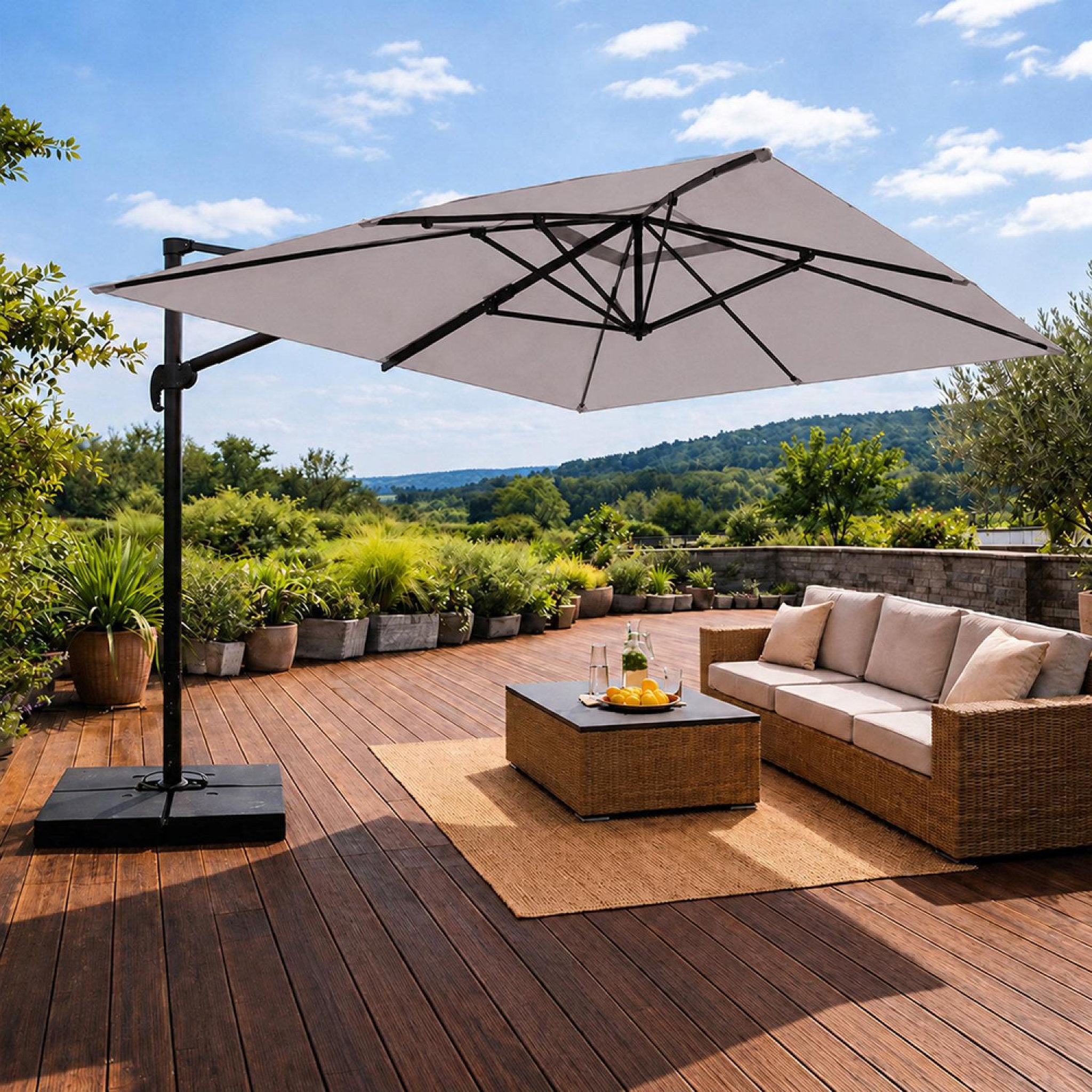 Voir la diapositive 4 : CONCEPT USINE Parasol rectangulaire 3x4 déporté rotatif gris en aluminium cezir