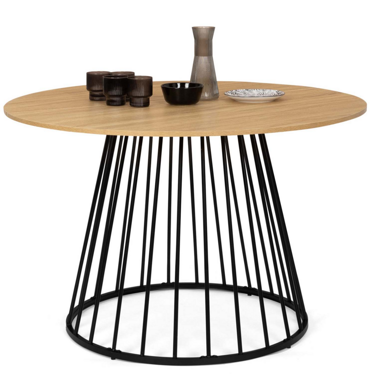 ID MARKET Table à manger ronde YUNA 6 personnes plateau bois et pied filaire en métal noir 110 cm