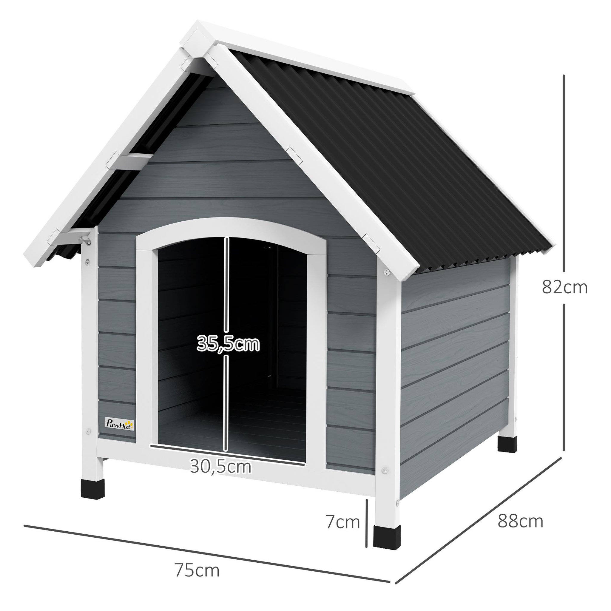 Voir la diapositive 3 : PAWHUT Niche pour chien design chalet sur pied - toit double pente, plancher amovible - plastique noir bois blanc gris