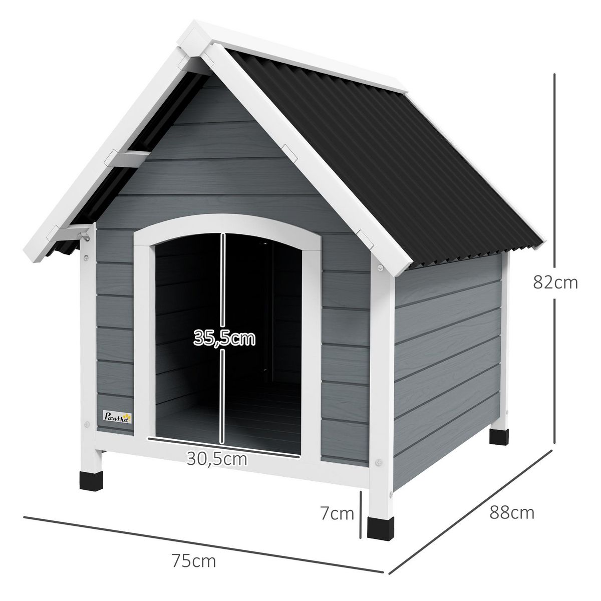 PAWHUT Niche pour chien design chalet sur pied - toit double pente, plancher amovible - plastique noir bois blanc gris