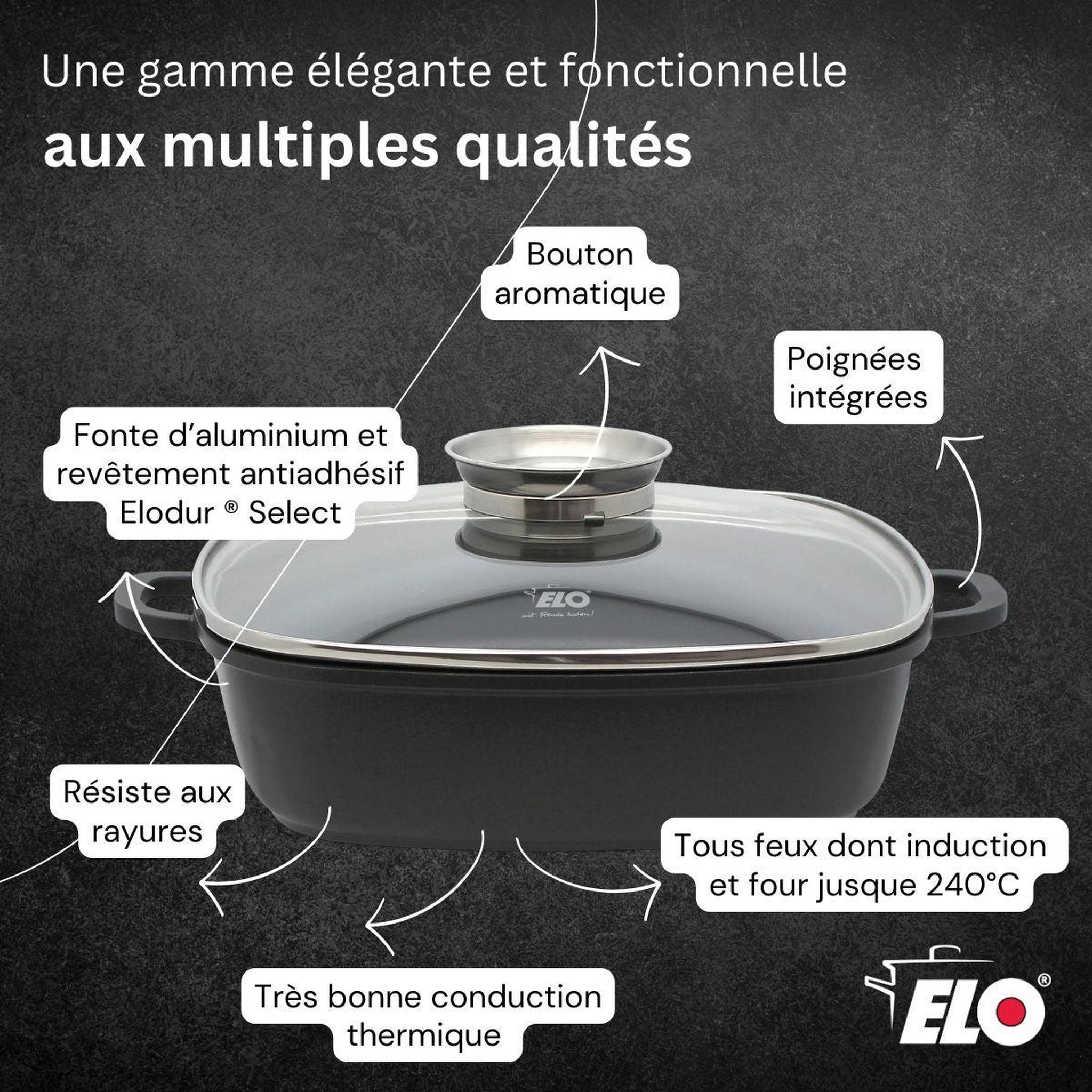 Voir la diapositive 6 : ELO Cocotte 28 x 28 cm en fonte aluminium antiadhésive 3,6 l elo alucast