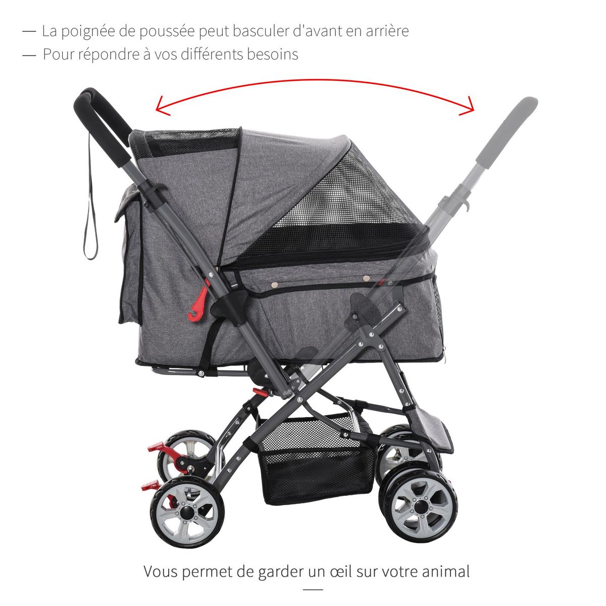 PAWHUT Poussette buggy pliable chien chat panier et sac de rangement attaches sécurité housse réglable poignée réversible acier Oxford gris chiné noir