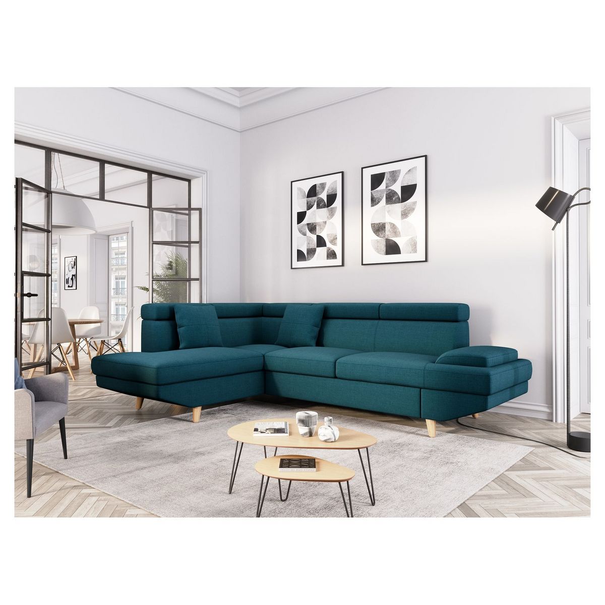 Canapé d'angle gauche convertible 5 places tissu pieds bois clair MARIUS 