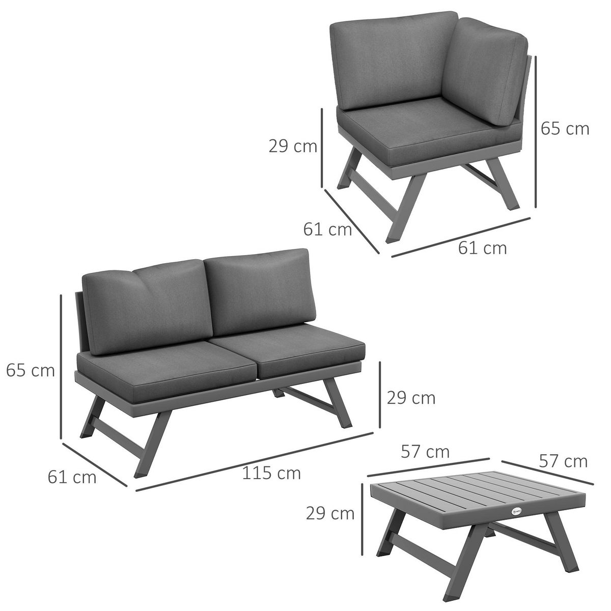 OUTSUNNY Ensemble salon de jardin d'angle 5 places style contemporain avec table basse coussins acier alu gris