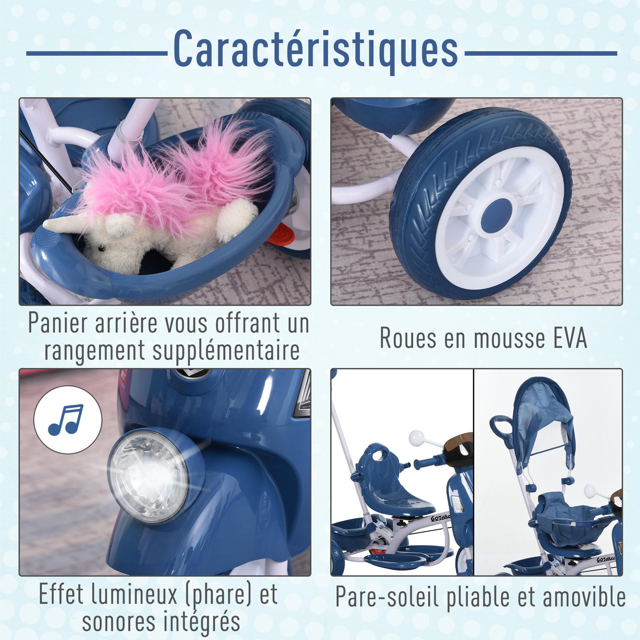 Voir la diapositive 5 : HOMCOM Tricycle enfants évolutif canne, pare-soleil pliable amovible effets lumineux sonores métal blanc PP bleu