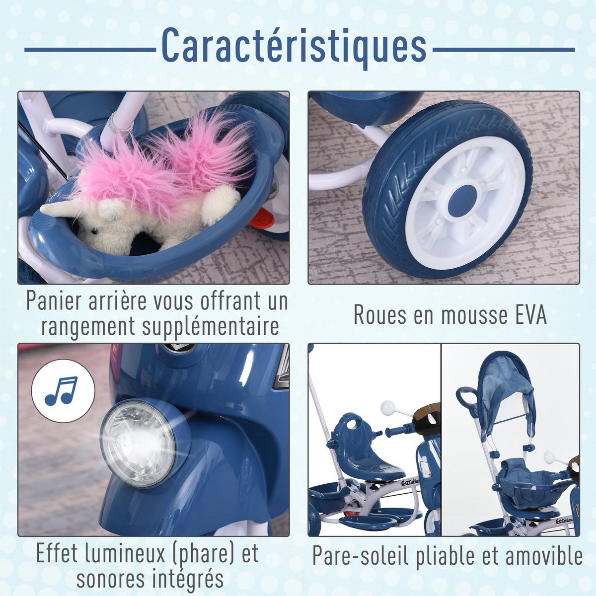 HOMCOM Tricycle enfants évolutif canne, pare-soleil pliable amovible effets lumineux sonores métal blanc PP bleu