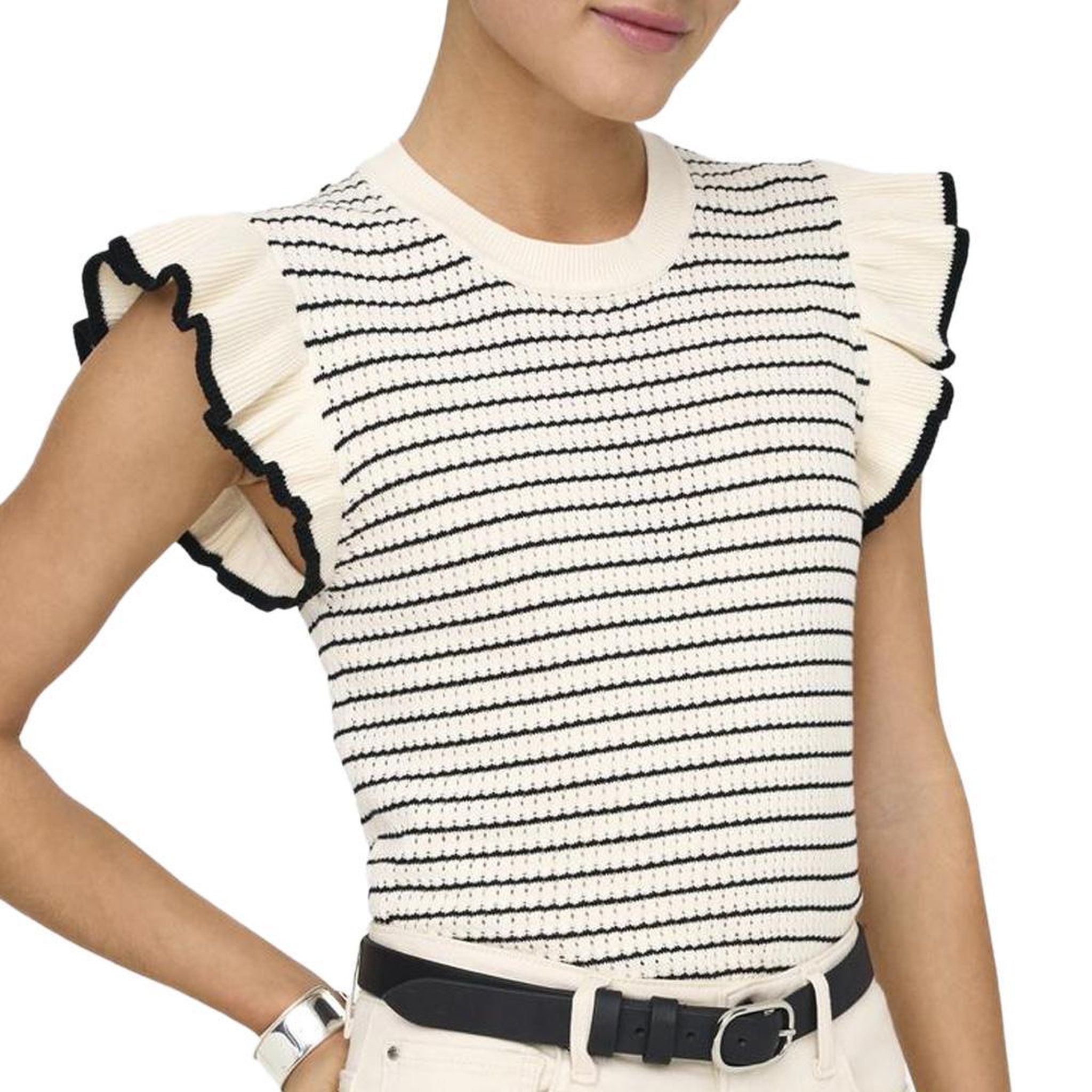 JACQUELINE DE YONG T-Shirt Écru/Noir Femme JDY Carice. Coloris disponibles : Beige