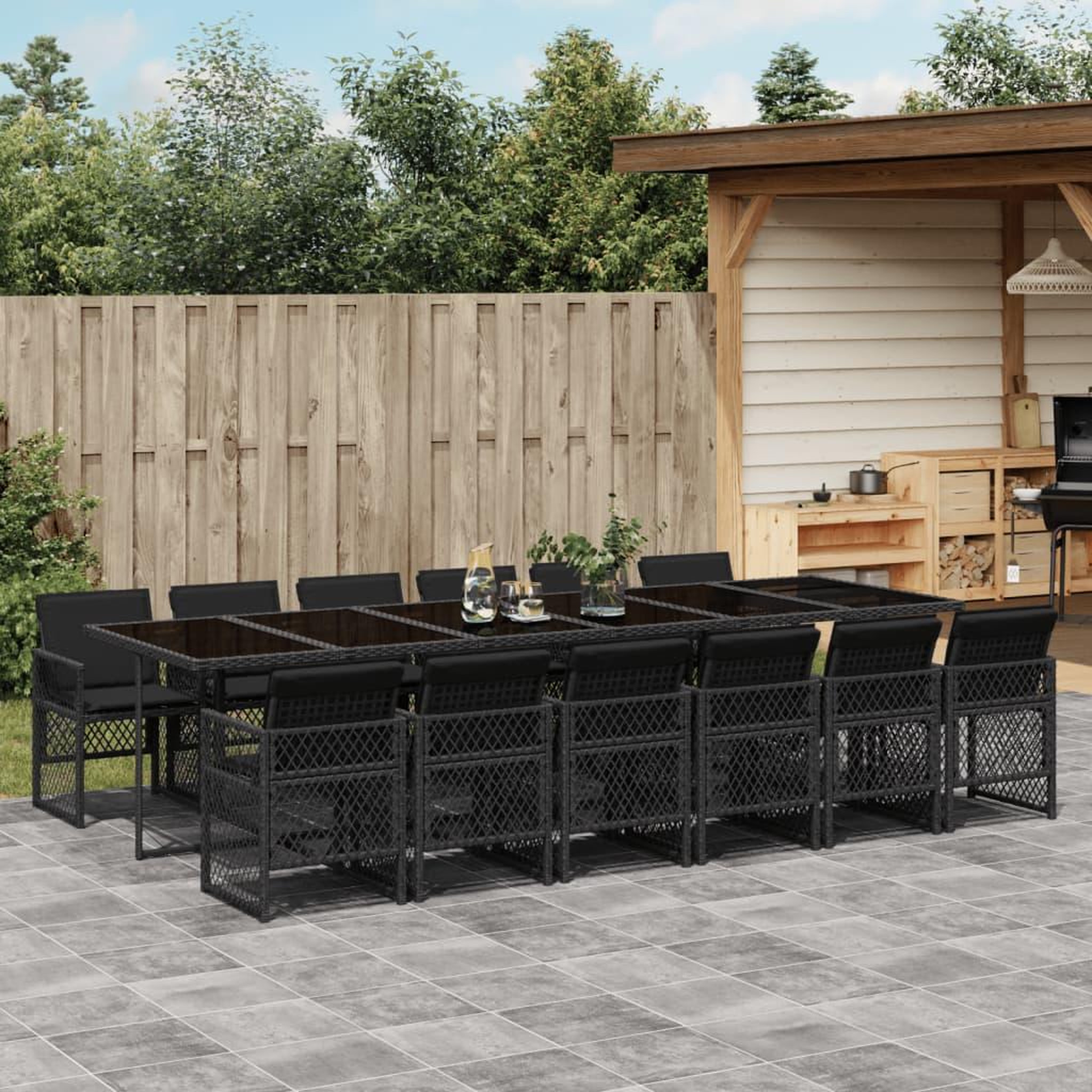 VIDAXL Ensemble a manger de jardin 13 pcs coussins noir resine tressee