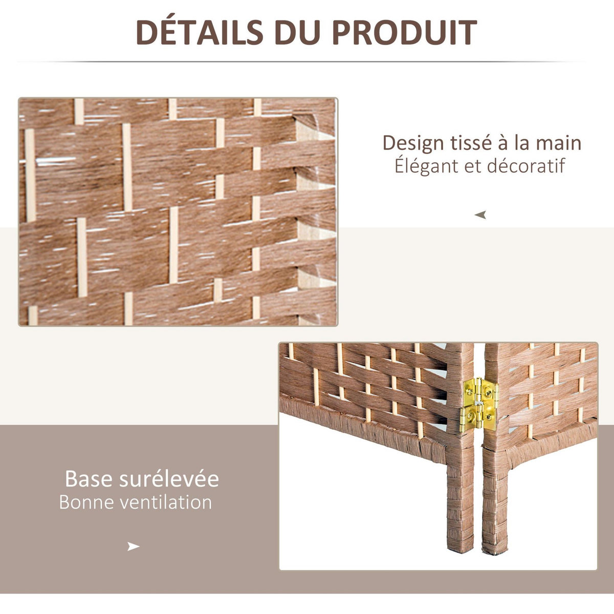 HOMCOM Paravent séparateur de pièce pliable 3 panneaux dim. 135L x 180H cm bois osier tressé
