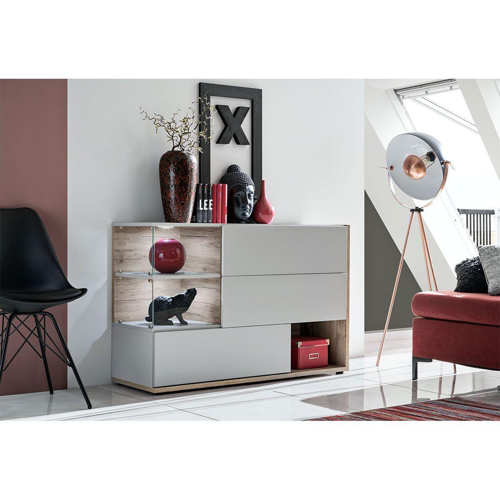 Voir la diapositive 2 : Paris Prix Buffet 3 portes & 3 niveaux  silk  120cm gris clair & naturel