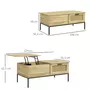 HOMCOM Table basse relevable style bohème chic - 2 tiroirs, compartiment - aspect cannage rotin PVC panneaux aspect bois clair