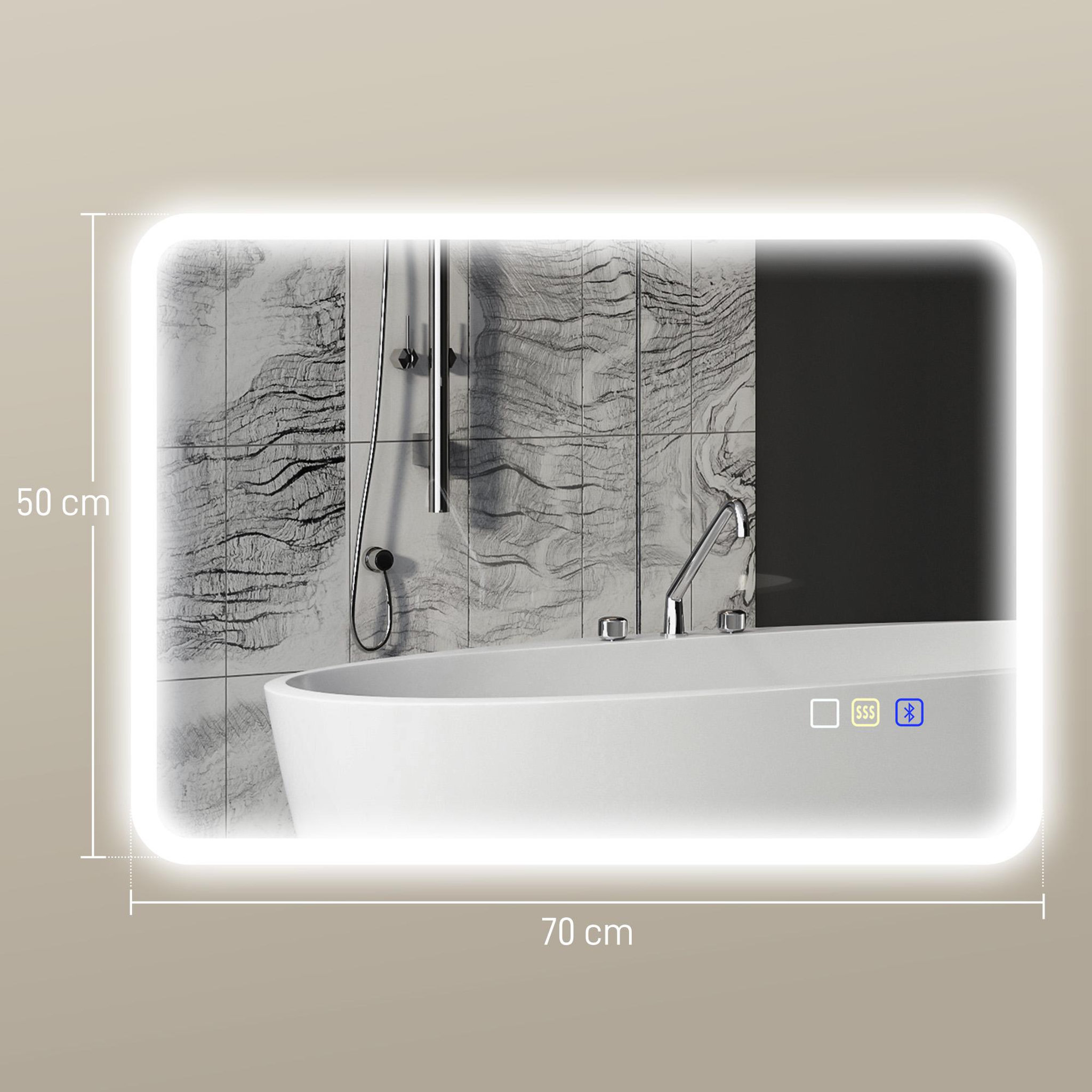 Voir la diapositive 3 : HOMCOM Miroir lumineux led salle de bain 50 x 70 cm bluetooth interrupteur tactile lumière réglable 3 couleurs fonction anti-buée et mémoire