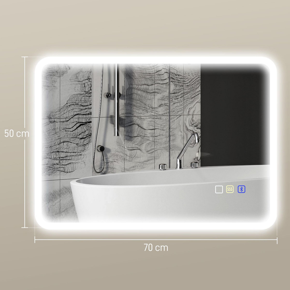 HOMCOM Miroir lumineux LED salle de bain 50 x 70 cm bluetooth interrupteur tactile lumière réglable 3 couleurs fonction anti-buée et mémoire