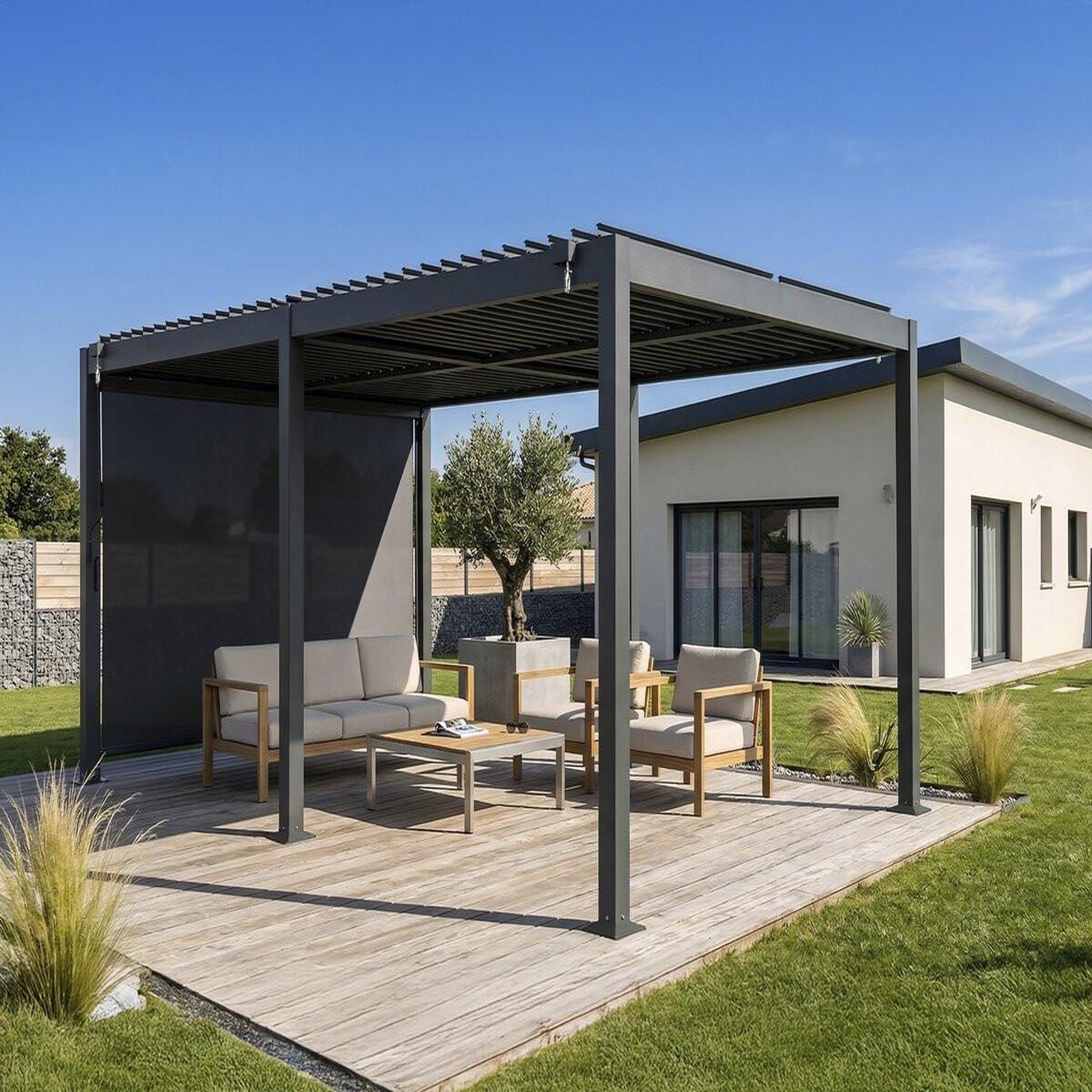 Voir la diapositive 2 : Habitat et Jardin Pergola bioclimatique avec store en aluminium  Kensington  - 3 x 5 m - Gris