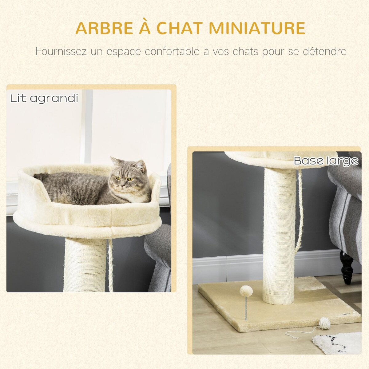 PAWHUT Arbre à chat griffoir grattoir sisal naturel plateforme d'observation corde d'escalade boule à ressort peluche beige