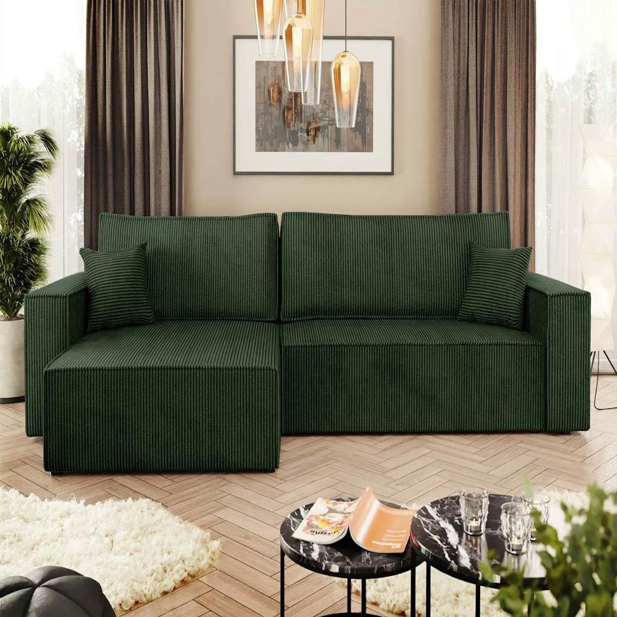 BEST MOBILIER Cezanne - canapé d'angle réversible 5 places convertible avec coffre en velours côtelé