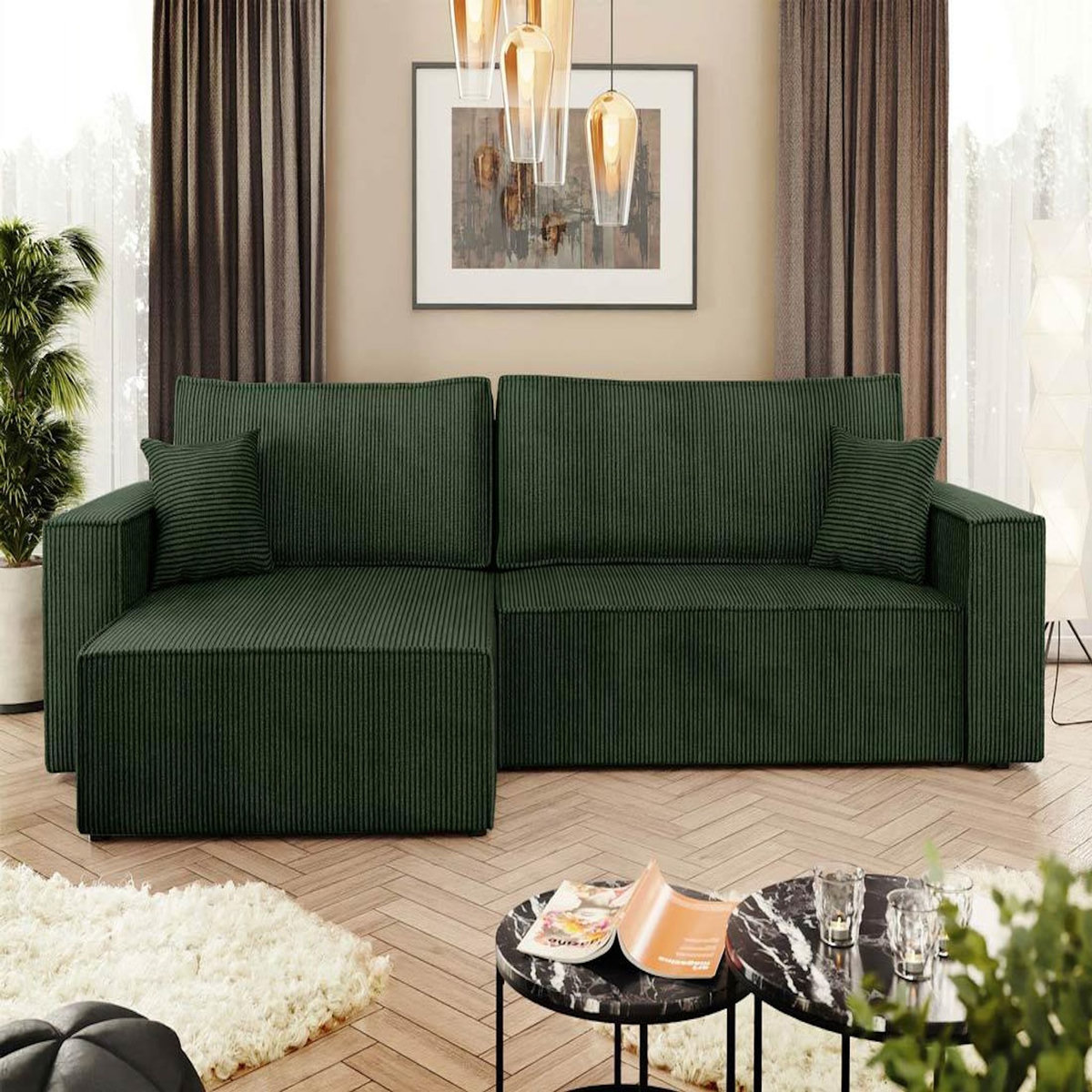 BEST MOBILIER Cezanne - canapé d'angle réversible 5 places convertible avec coffre en velours côtelé