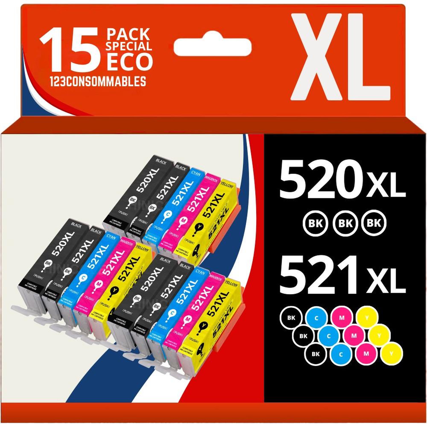 123CONSOMMABLES PGI 520 CLI 521 Cartouches d'encre compatibles pour Canon Pixma IP3600 IP4600 IP4600X IP4700 MP540 MP550 MP560 MP620 MP630 MP640 MP640R MP980 MP990 MX860 MX870 Lot de 10 Neuf - vue 9