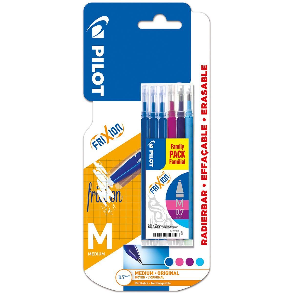 PILOT Lot de 6 recharges pointe moyenne Frixion Ball bleu rose violet turquoise