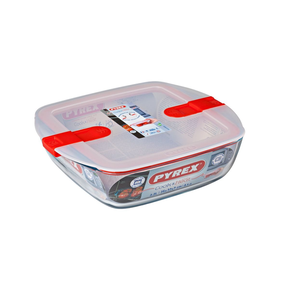 PYREX  Plat carré en verre + couvercle en plastique 25 x 22 cm Cook and Heat 