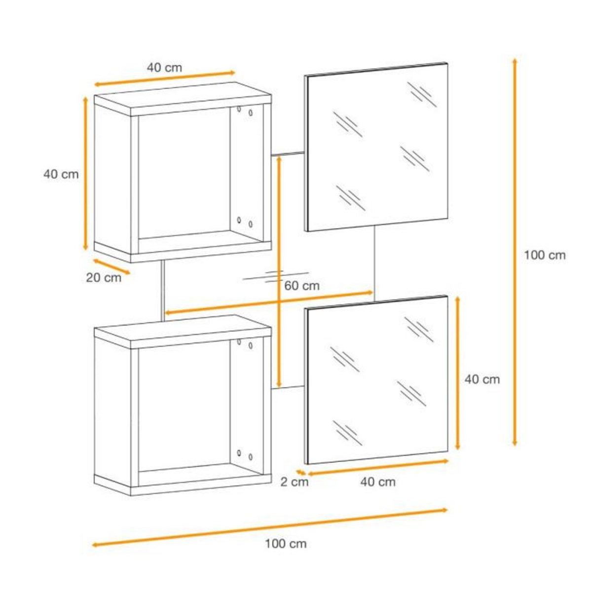 Paris Prix Panneau Mural, 2 Étagères & 2 Miroirs  Easy  100cm Noir
