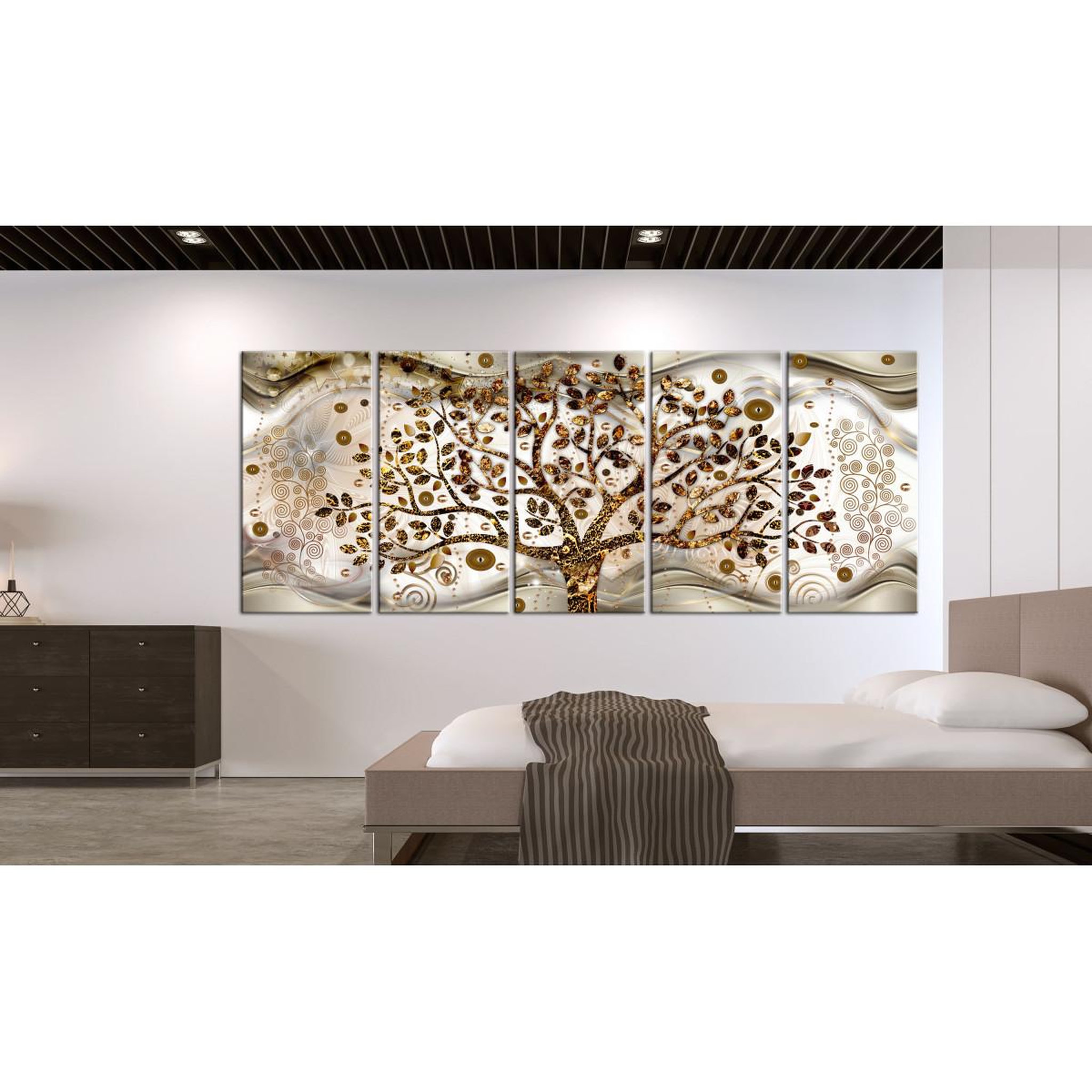 Voir la diapositive 2 : Paris Prix Tableau Imprimé 5 Panneaux  Tree & Waves Brown