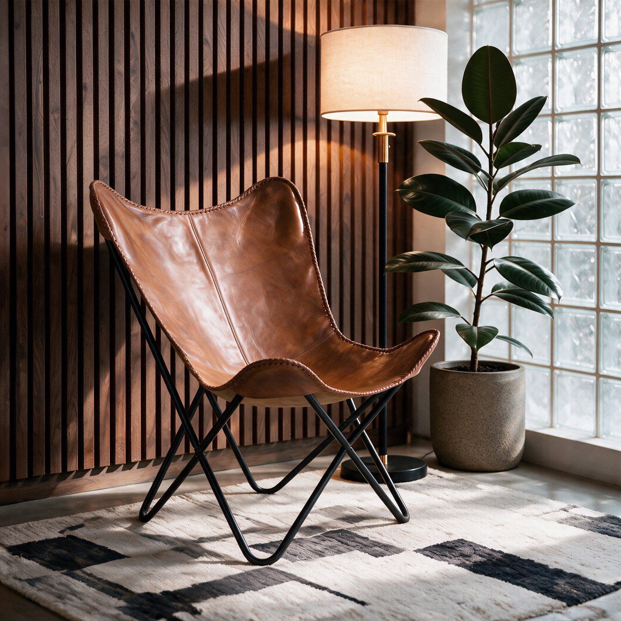 Voir la diapositive 2 : MAISON PAVANE Fauteuil papillon en cuir de buffle marron-Octave