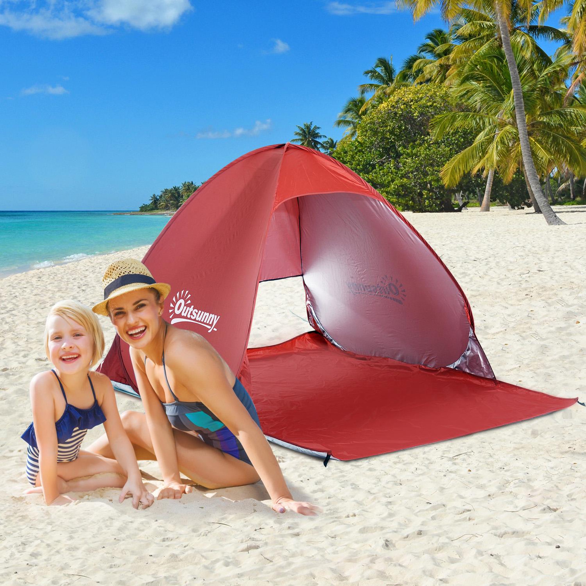 Voir la diapositive 2 : OUTSUNNY Abri de plage tente de plage pliable pop-up automatique instantané protection uv fenêtre arrière grand tapis de sol rouge brique