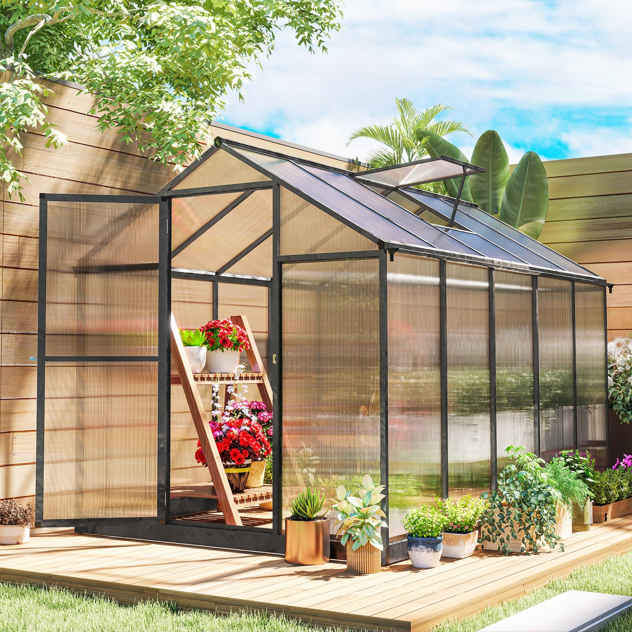 Voir la diapositive 6 : OUTSUNNY Serre de jardin alu polycarbonate 5,5 m² dim. 3,03x1,83x1,95m fondation lucarne porte loquet anthracite